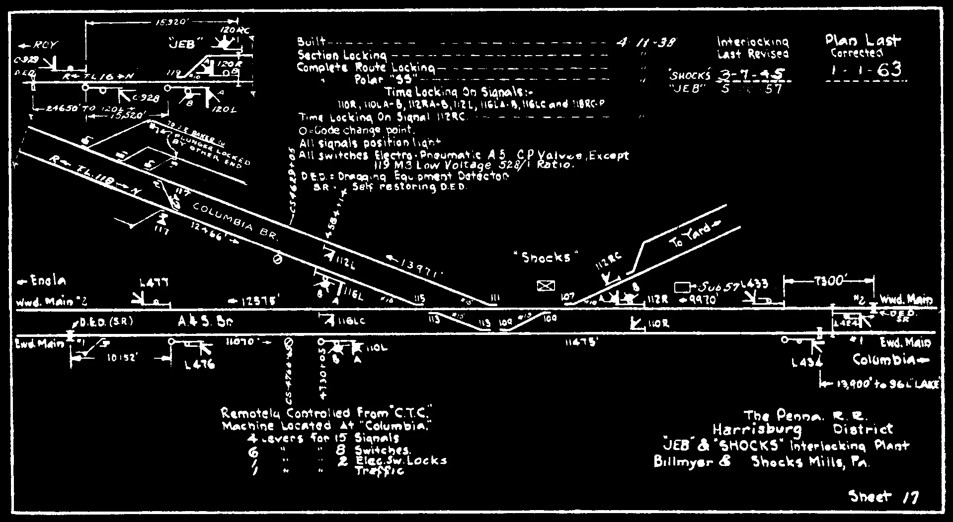 Interlocking plate of "Shocks" location of the junction of the former Harrisburg and Lancaster branch between Royalton and Columbia and the low-grade York Haven Line. Note the track diverting to the right of the interlocking point titled "to yard", this is the original alignment of the H&L Columbia Branch retained to serve several freight customers. Plate collection of The Broad Way .