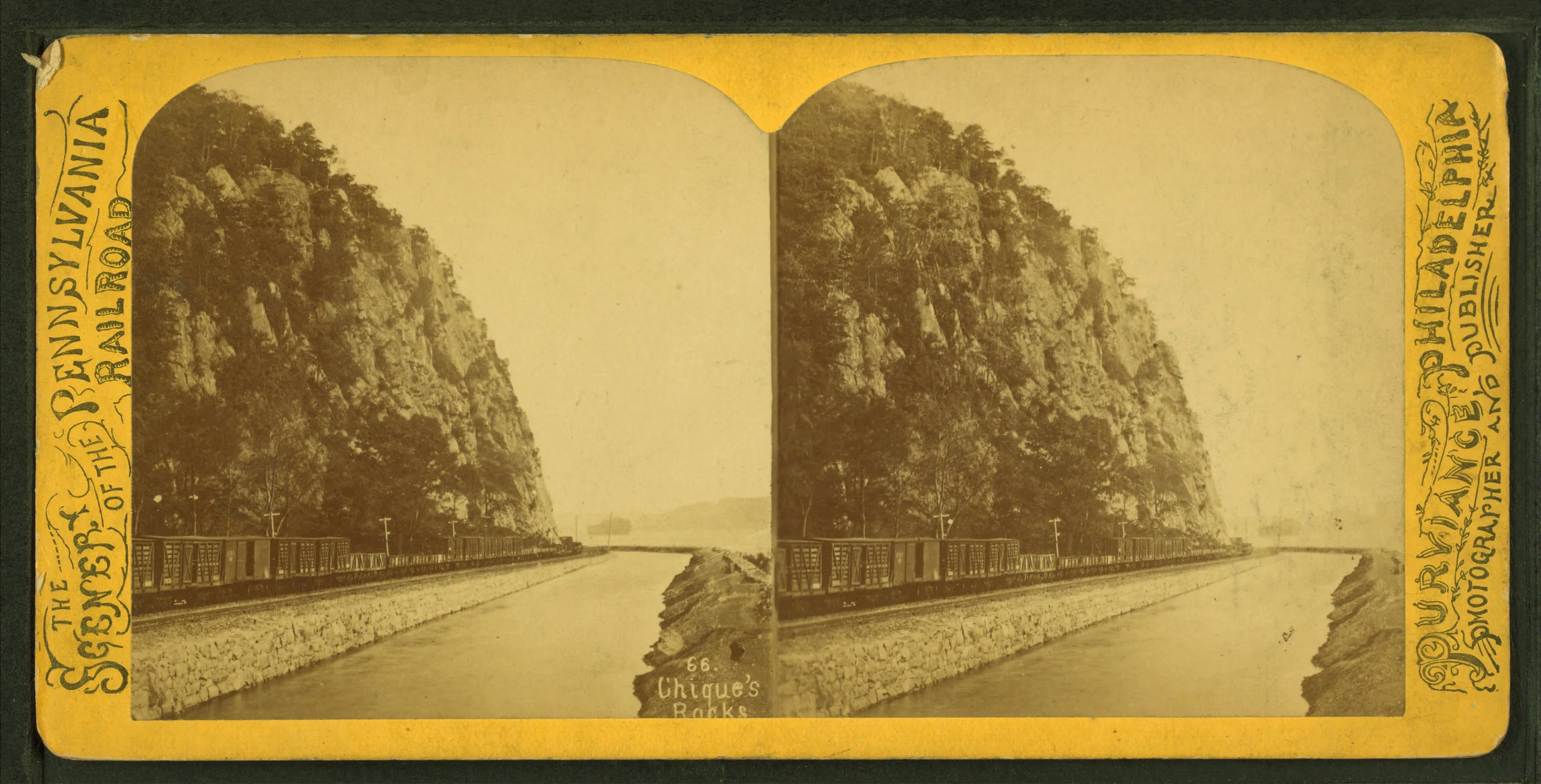 Stereo-view of Chickies Rock. This view illustrates the original Harrisburg, Portsmouth, Mount Joy and Lancaster alignment of what would become the PRR Columbia Branch. Image made by the W. T. Purviance Company between 1870-1880. Collection of the NY Public Library System