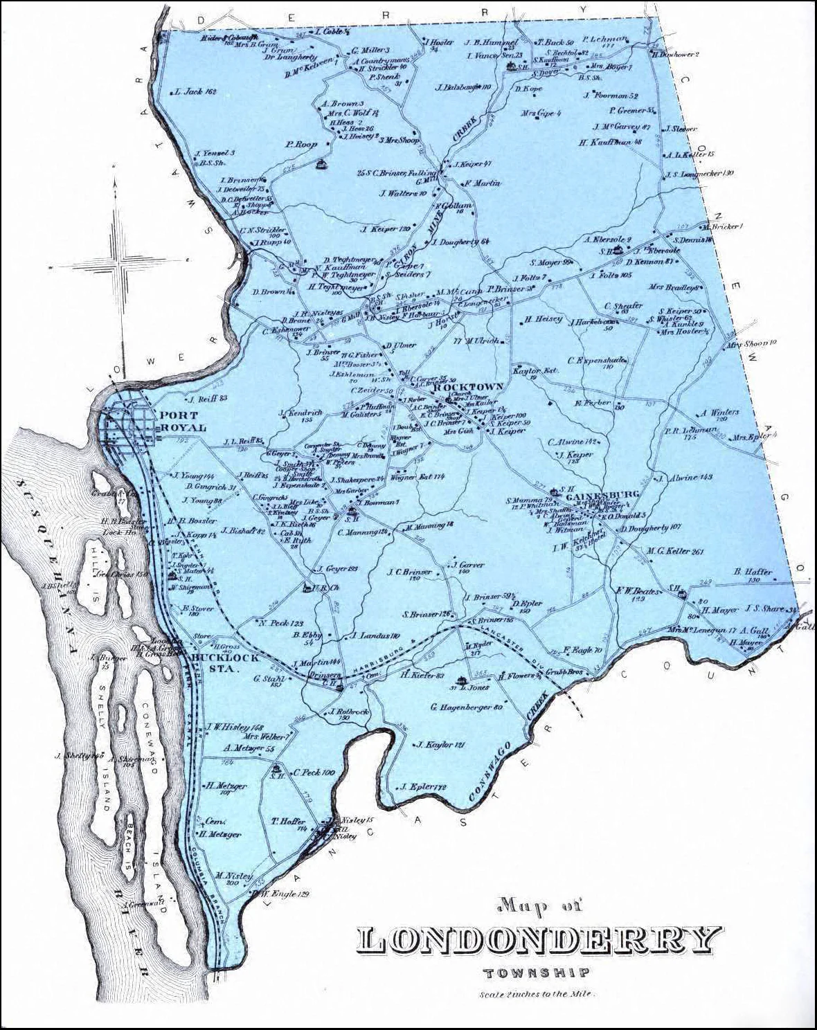1875 map of Londonderry Township illustrates the Eastern Division of the Pennsylvania Canal as well as the railroads that would put the Mainline of Public Works out of business. Map Collection of http://maley.net/atlas/ .