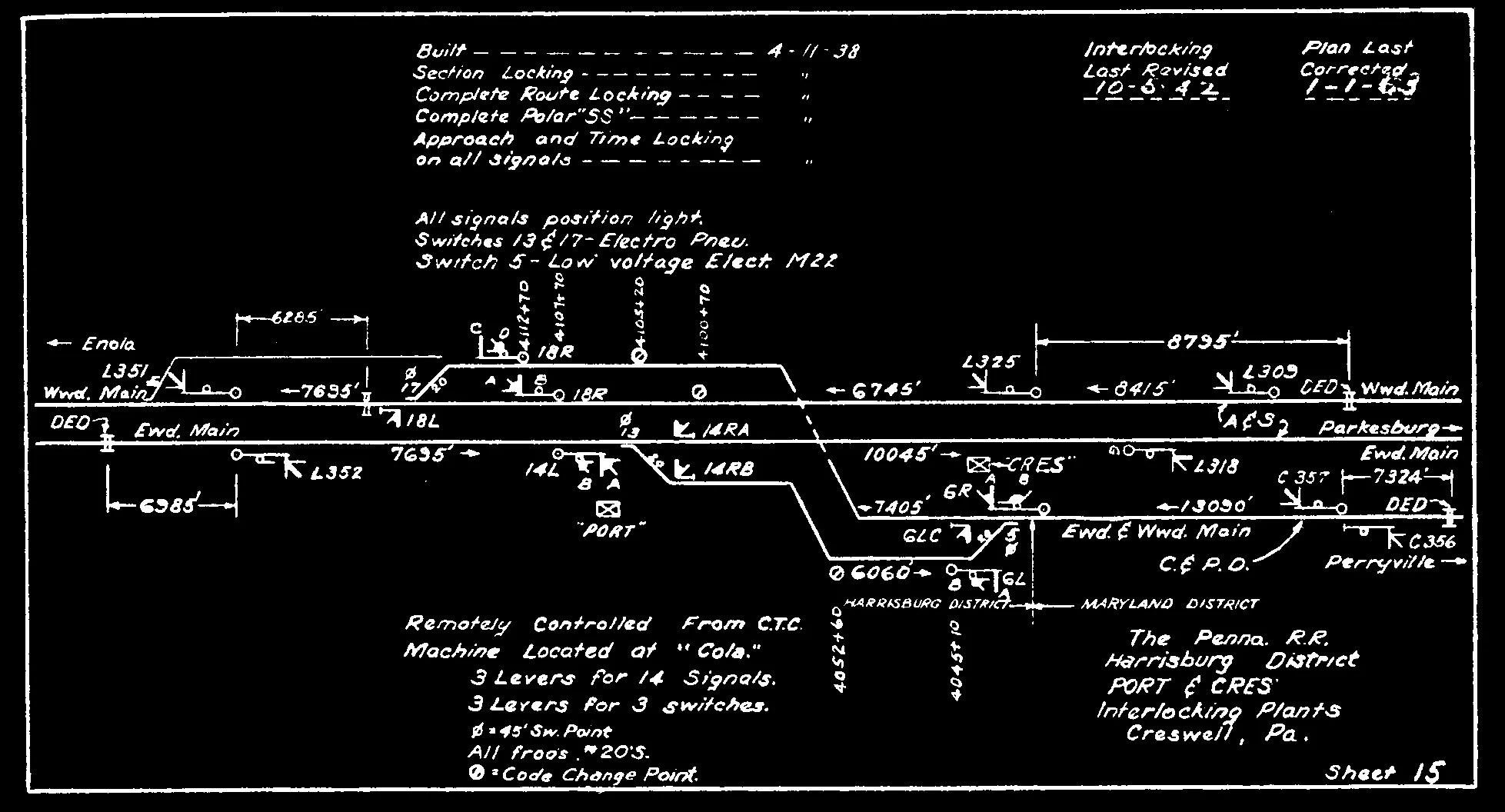 Plate drawing circa 1963 of Port and Cres interlocking, controlled by the operator in Cola tower, which was in Columbia. Interlocking plate collection of The Broad Way .