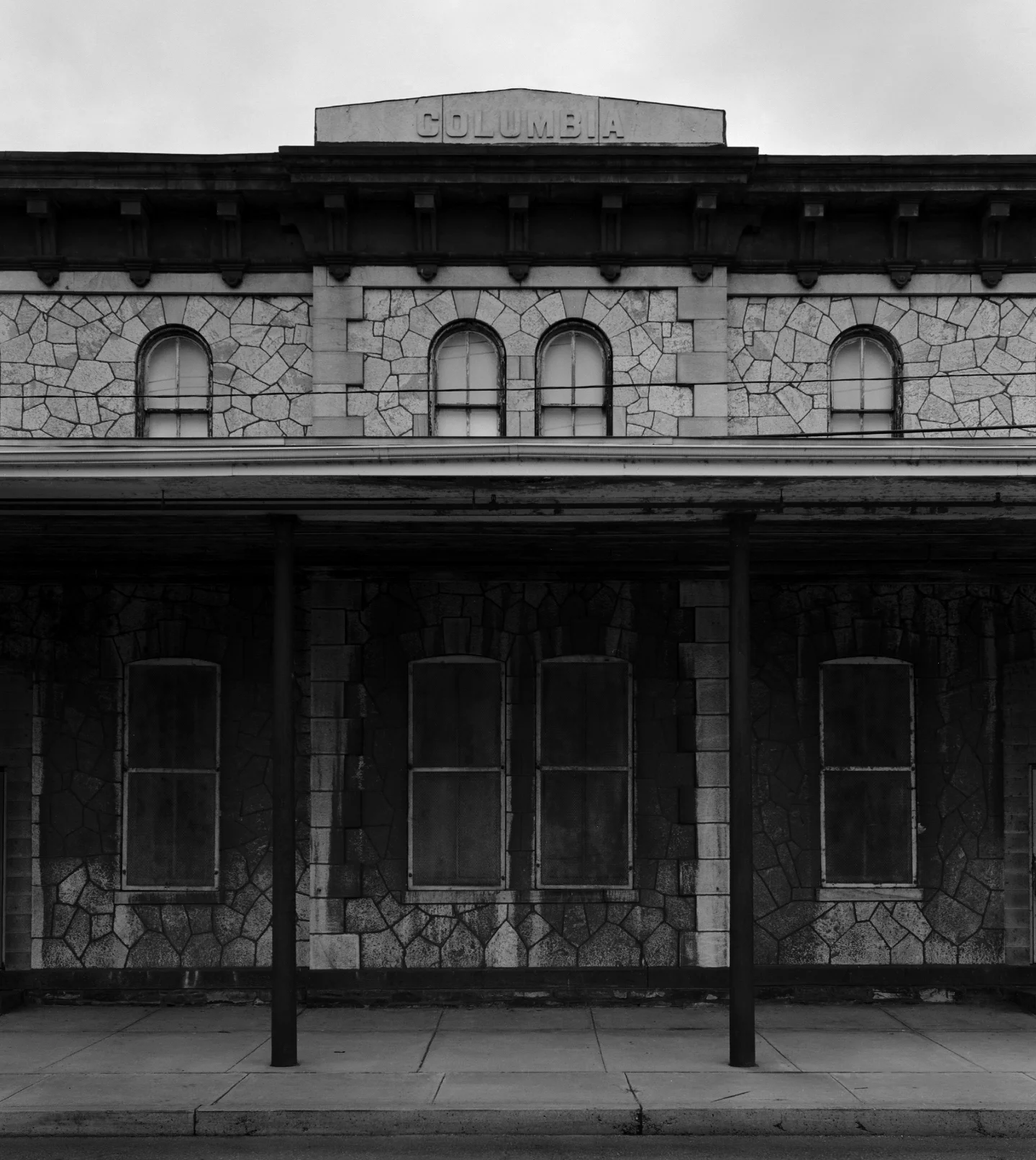 Modern facade detail of the 1877 Pennsylvania Railroad station in Columbia located along North Front Street.
