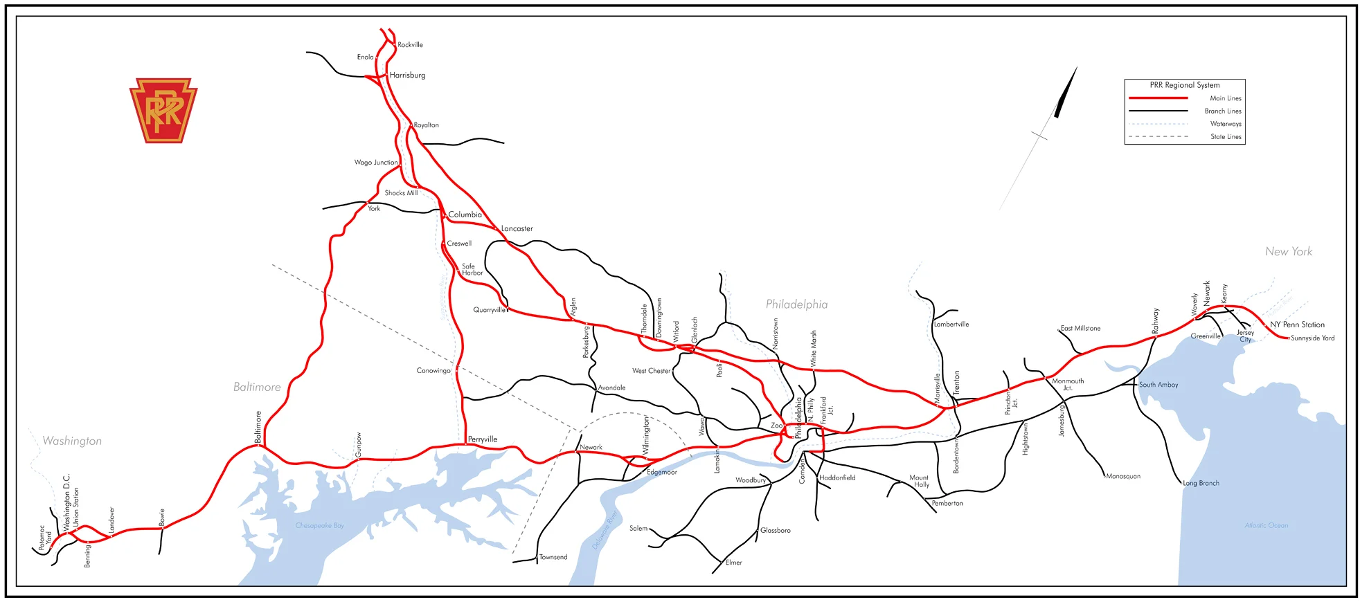 At the top of a complicated and dense triangle of heavy freight and passenger traffic funneling west from major costal cities, the Philadelphia Division was the gauntlet that fed traffic to the Middle and Northern Divisions. Map created with help of Elizabeth Timmons.