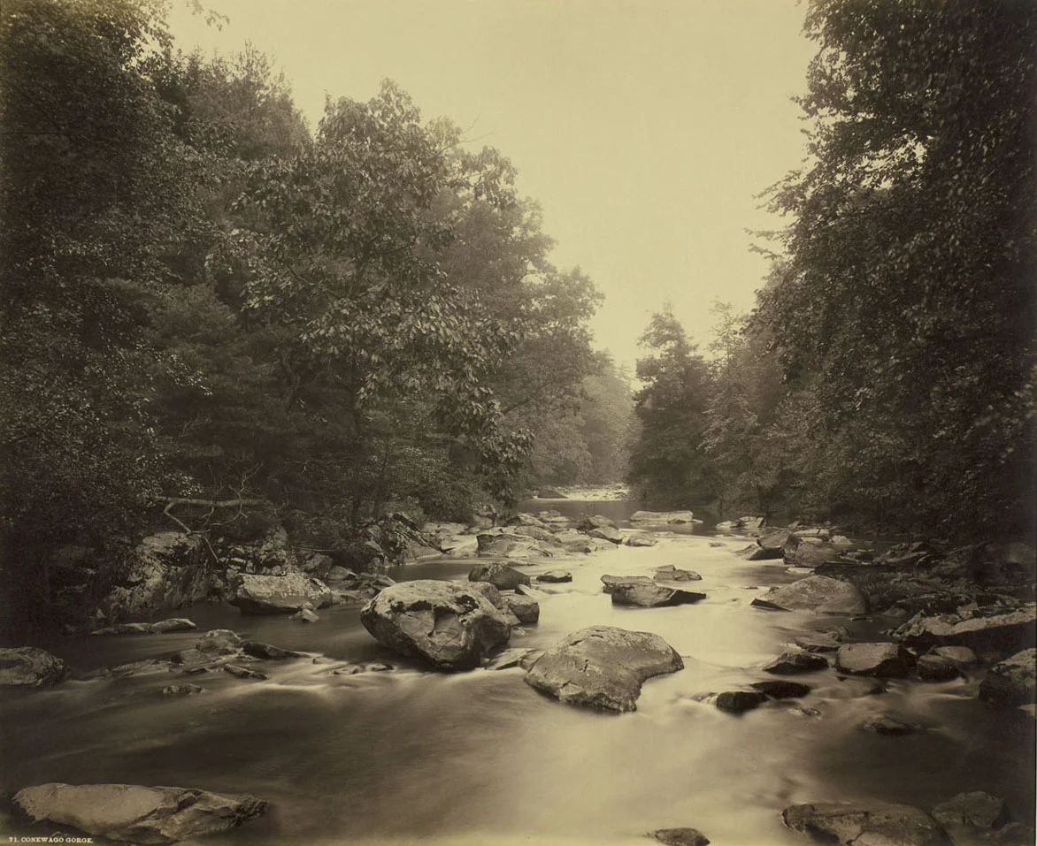 Plate#91: View of the Conewago Gorge by photographer William H. Rau, during his first photographic commission with the Pennsylvania Railroad to illustrate the destinations and scenery along the system. Collection of American Premier Underwriters, Inc. 