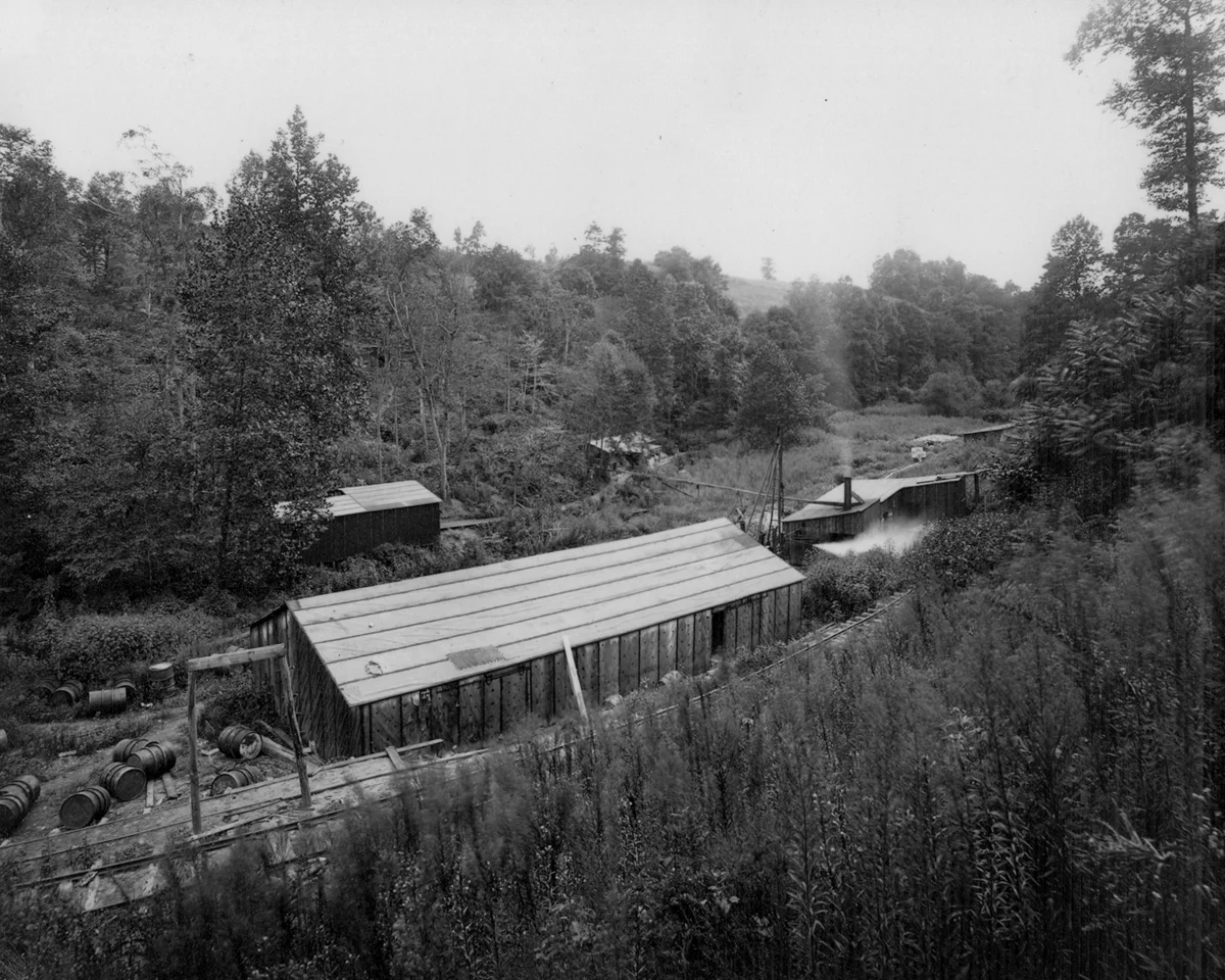 Dynamite plant near Colemanville, close to Shenks Ferry in Conestoga Township, Pennsylvania. Several weeks before the dedication of the A&S Branch an explosion on June 9, 1906 would claim 11 lives, leveling the entire facility and surrounding woods. The decimation of the casualties was so bad that a single common casket was used for remains of all lost in the tragedy. Collection of the Columbia Historic Preservation Society, Columbia, PA.