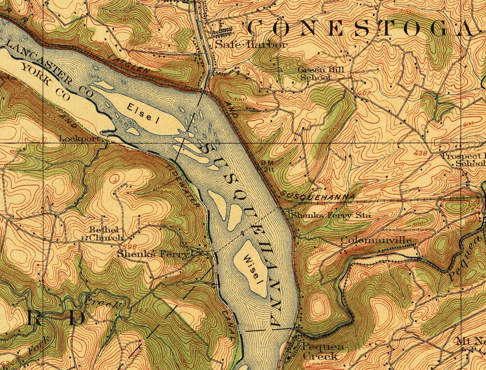 USGS topographical map circa 1912 of the area around Shenks Ferry. You will note that on the east side of the river where both the A&S Branch and C&PD are located is referred to as Shenks Ferry Station. Also of note is the Pequea Electric Trolley Line that follows the Pequea Creek below Colemanville.