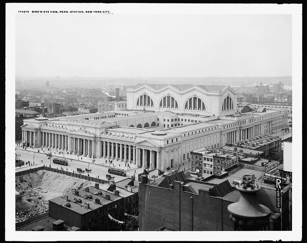 Birds Eye View of Pennsylvania Station, NY, NY circa 1910. The colonnades and entries to the station building were the first of three elements in the processional sequence, the portal. Detroit Publishing Company, collection of the Library of Congress.