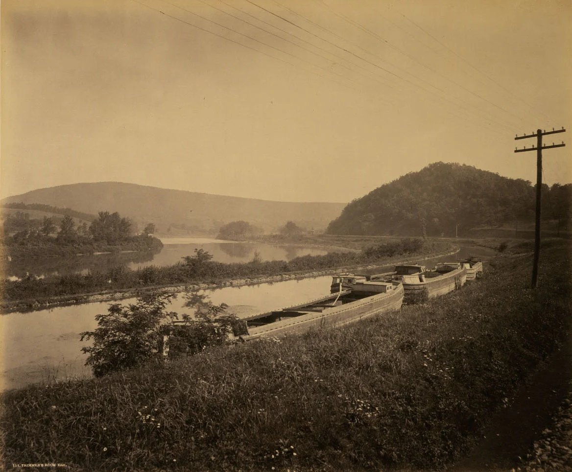 Trimmers Rock, a location along the Juniata Division of the Main Line of Public Works canal system represents the typical landscape of the original PRR main line to Lewistown, loosely following the canal network the railroad later used to improve and relocate its main line alignment. Photograph by William H. Rau, collection of American Premier Underwriters, Inc