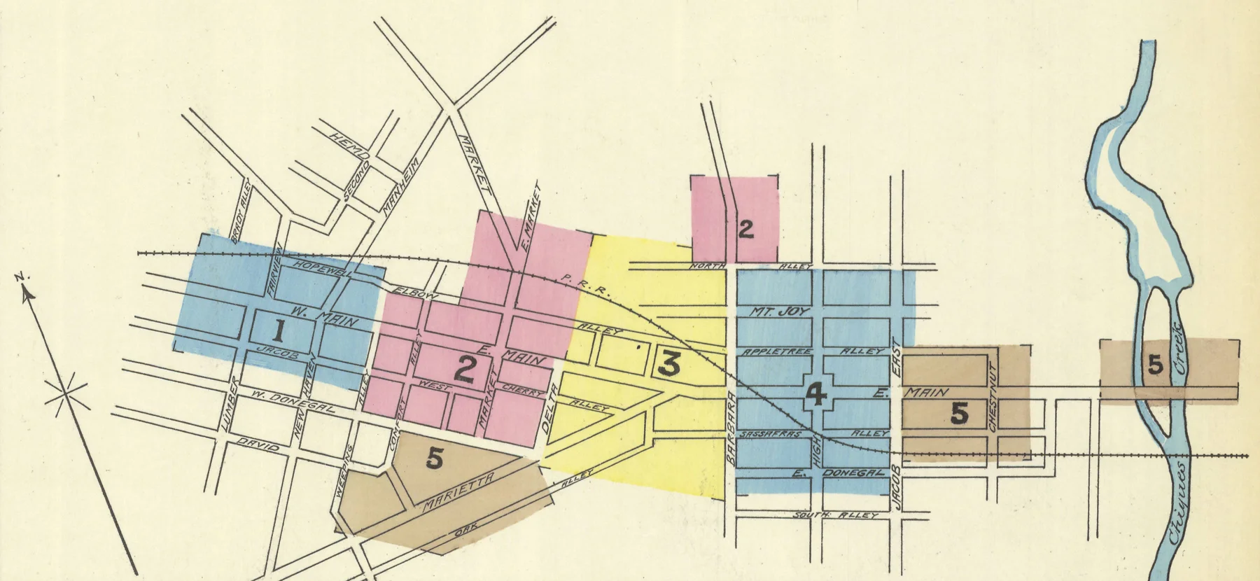 1891 Sanborn Fire Insurance Map of Mount Joy showing the original alignment surveyed by the Harrisburg & Lancaster in the 1830's. In just a few years this route would be relocated to better suit the needs of the Pennsylvania Railroad. Map collection of the Penn State University Library. 