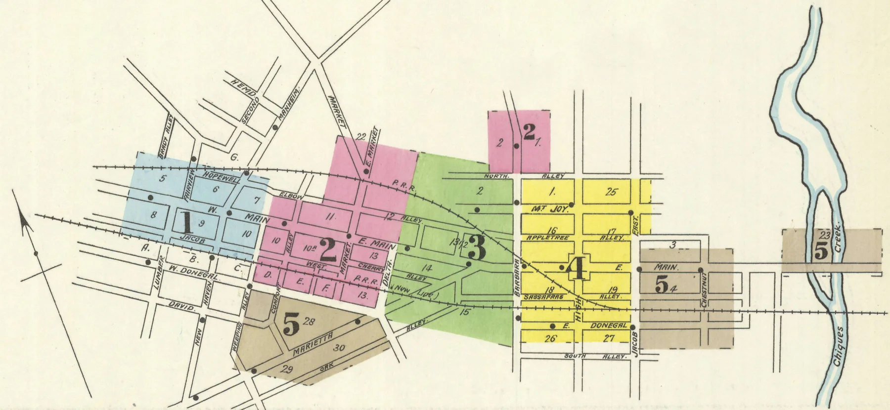 1896 Sanborn Fire Insurance Map shows completion of the new line with the old alignment yet to be abandoned. Map collection of the Penn State University Library. 