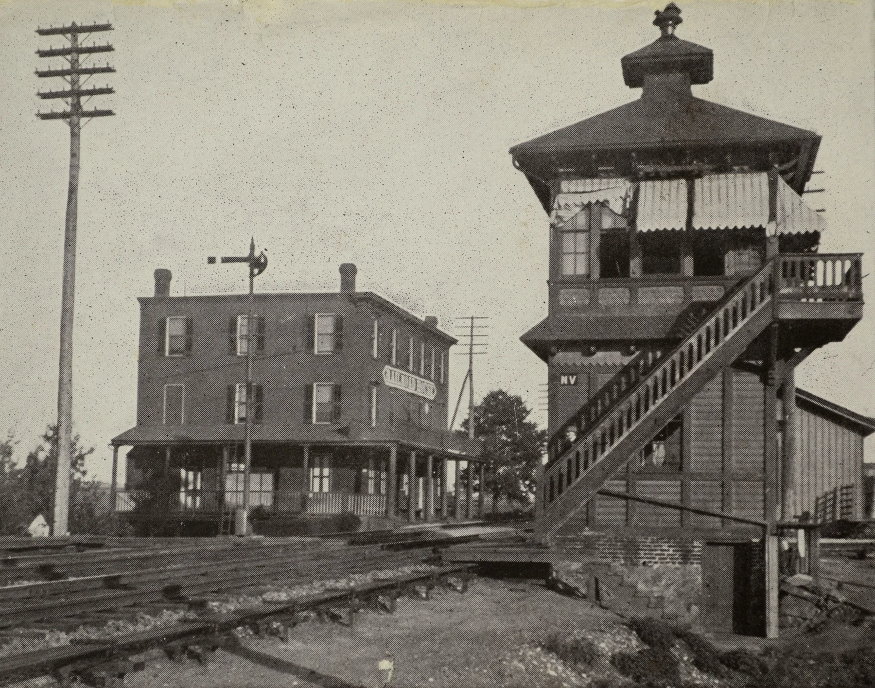 1909 view of NV tower, Landisville station and hotel located at the crossing of the PRR Main Line and Reading & Columbia Branch of the Reading Railroad. Today the tower, R&C and hotel are long gone but the small station behind the tower survives along with the Main Line. Collection of the Lancaster Historical Society