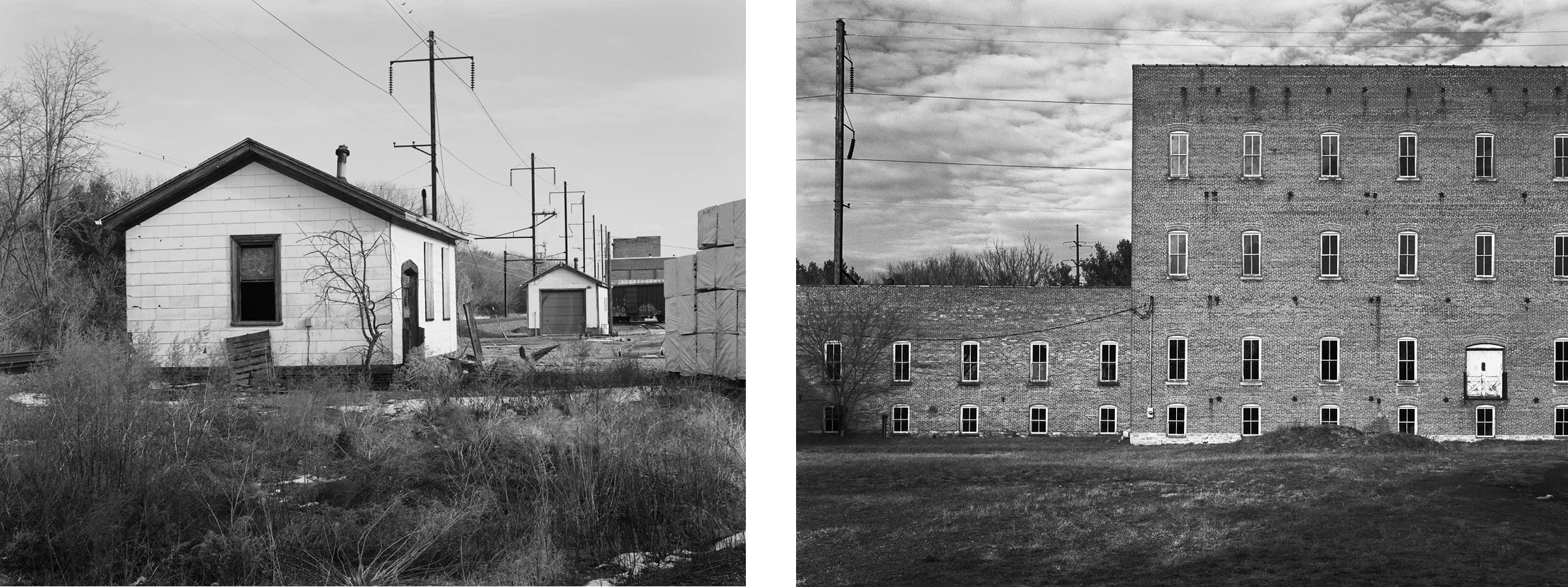 (L) The surviving station building later housed the agent/ operator for Landis Interlocking. Immediately in front of the building was the R&C and the tower was situated roughly in the area of the brush in the foreground. (R) One of several warehouses on the PRR just east of the R&C crossing, this one was once used for shipping Lancaster County Broad Leaf Tobacco.