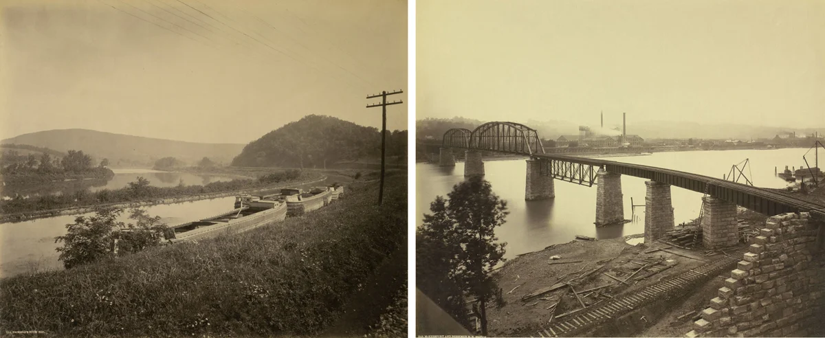 Different views made by Rau throughout his commissions with the PRR show the great systemwide improvements that were taking place while also acknowledging previous modes of transportation that gave way to the railroads. (L) Trimmers Rock (looking east) showing both the Juniata River and relics of Main Line of Public Works canal. (R) McKeesport and Bessemer Railroad Bridge reveals fresh masonry work and construction debris of this new bridge constructed to connect with mills in McKeesport from the West Mifflin / Duquesne area. William H. Rau photographs, Collection of American Premier Underwriters, Inc.