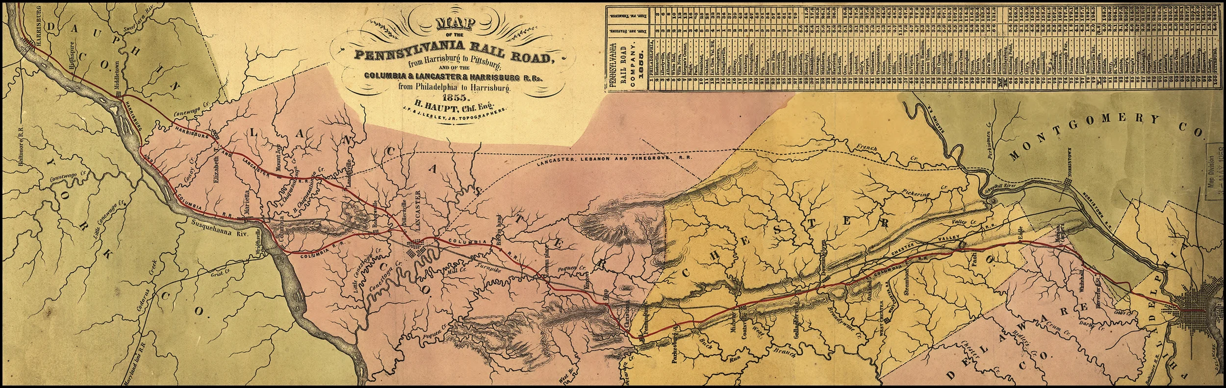 Detail of an 1855 map illustrating the Pennsylvania Railroad system and its connections. This map shows the proposed Lebanon, Lancaster & Pinegrove Railroad which was to bypass the Philadelphia & Columbia to gain access to Philadelphia prior to the Commonwealth and the PRR coming to an agreement on the sale price of the failing Main Line of Public Works in 1857. Map collection of the Library of Congress. 