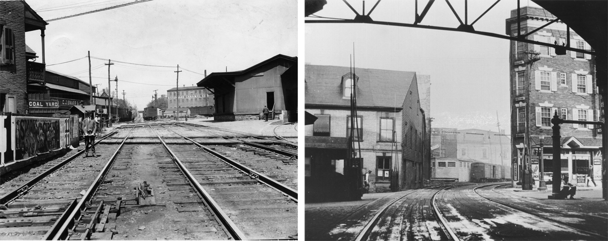 Images detailing both the freight terminal and industrial tracks the spurred off the main line (left) and the western view from the passenger station shed looking out on the crossing of N. Queen Street. These images reinforce the complicated and dangerous operating conditions the city and railroad faced on a daily basis. Both images courtesy of LancasterHistory.org, Lancaster, Pennsylvania