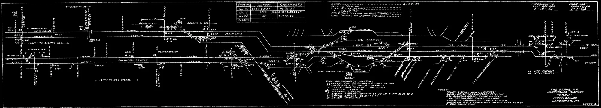 This plate drawing of the consolidated CORK interlocking plant circa 1963 illustrates the expansiveness of the consolidated territory which was once controlled be three separate towers. Plate drawing collection of The Broad Way.