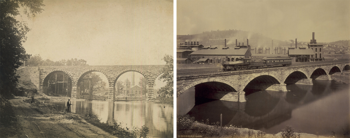 The connection between Brown's first two stone bridges are linked to various correspondence in the planning stages for both locations. Born from the endorsement of stone bridges during the four track expansion, they diverged at the time of design. The Conestoga is two tracks with provisions for expansion (note protruding stone work along the arches) the Conemaugh bridge designed and built with four tracks. Both survive today and remain in active service on Amtrak's Keystone corridor and Norfolk Southern's Pittsburgh line respectively. Left detail; Photographer unknown, image courtesy of LancasterHistory.org, Lancaster, Pennsylvania. Right detail William H. Rau, collection of American Premier Underwriters, Inc. 