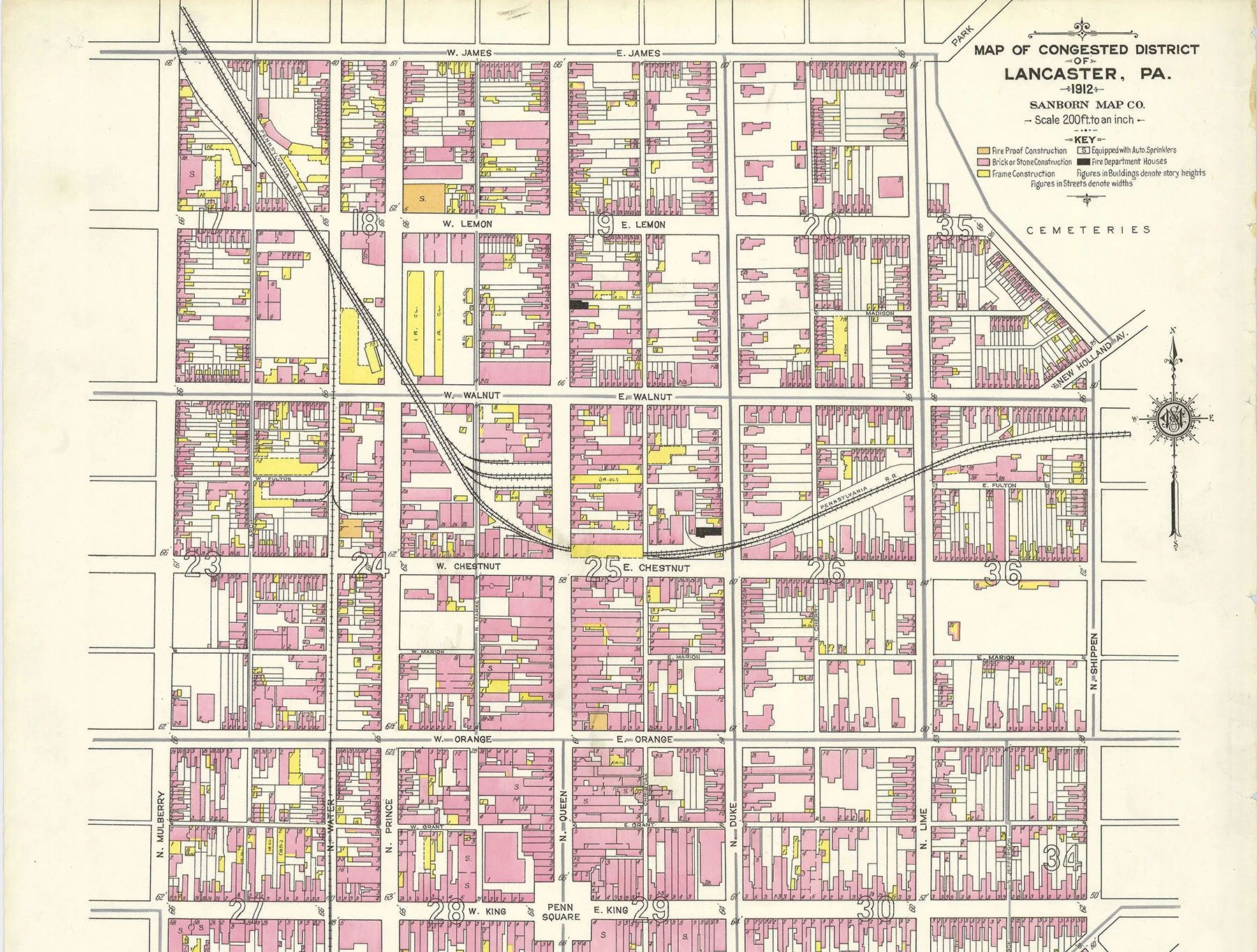 1912 map detail showing the congested area surrounding the original alignment of the Philadelphia and Columbia route which became the PRR's original main line through Lancaster. The station was located at Queen and Chestnut Streets (location 25 on the map) and the freight terminal was on the corner of Prince and Walnut Streets (upper left from station). Map collection of the Penn State University Library