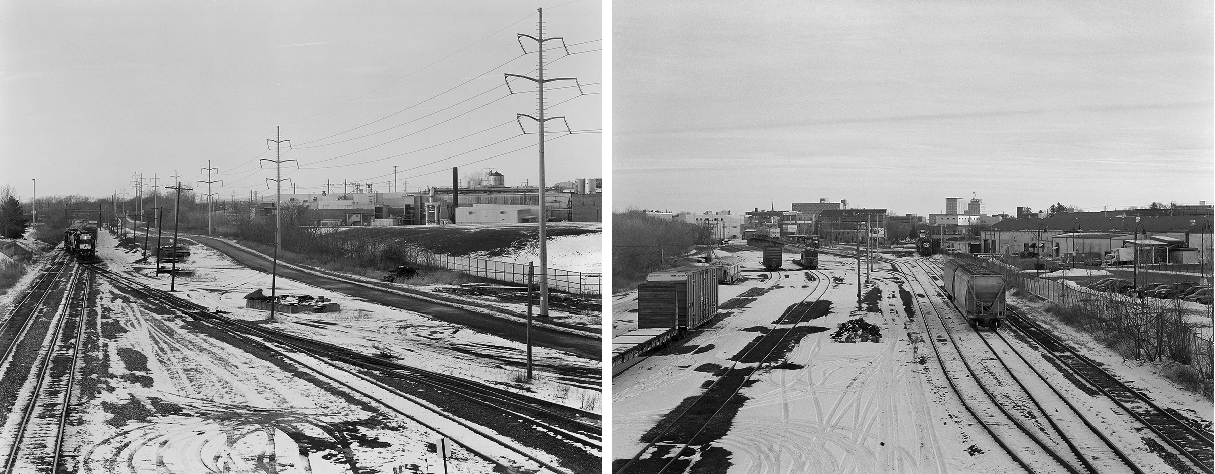 Views looking east and west from the footbridge off Liberty Street in the Dillerville area of Lancaster. (L) Looking west on the Old Main one can see the catenary poles of the Lancaster Cut-Off in the distance coming in from the right. At DV interlocking this line crossed at grade with the Columbia Branch and connected to the former H&L to head west to Harrisburg. (R) Looking east was the remaining segment of the former Old Main which recently terminated at the foot of Mulberry Street and Harrisburg Avenue. Here a bulk transfer trestle, crew base and engine storage area were all recently abandoned when NS completed the new H. Craig Lewis yard part of the Lancaster Northwest Gateway redevelopment project. 