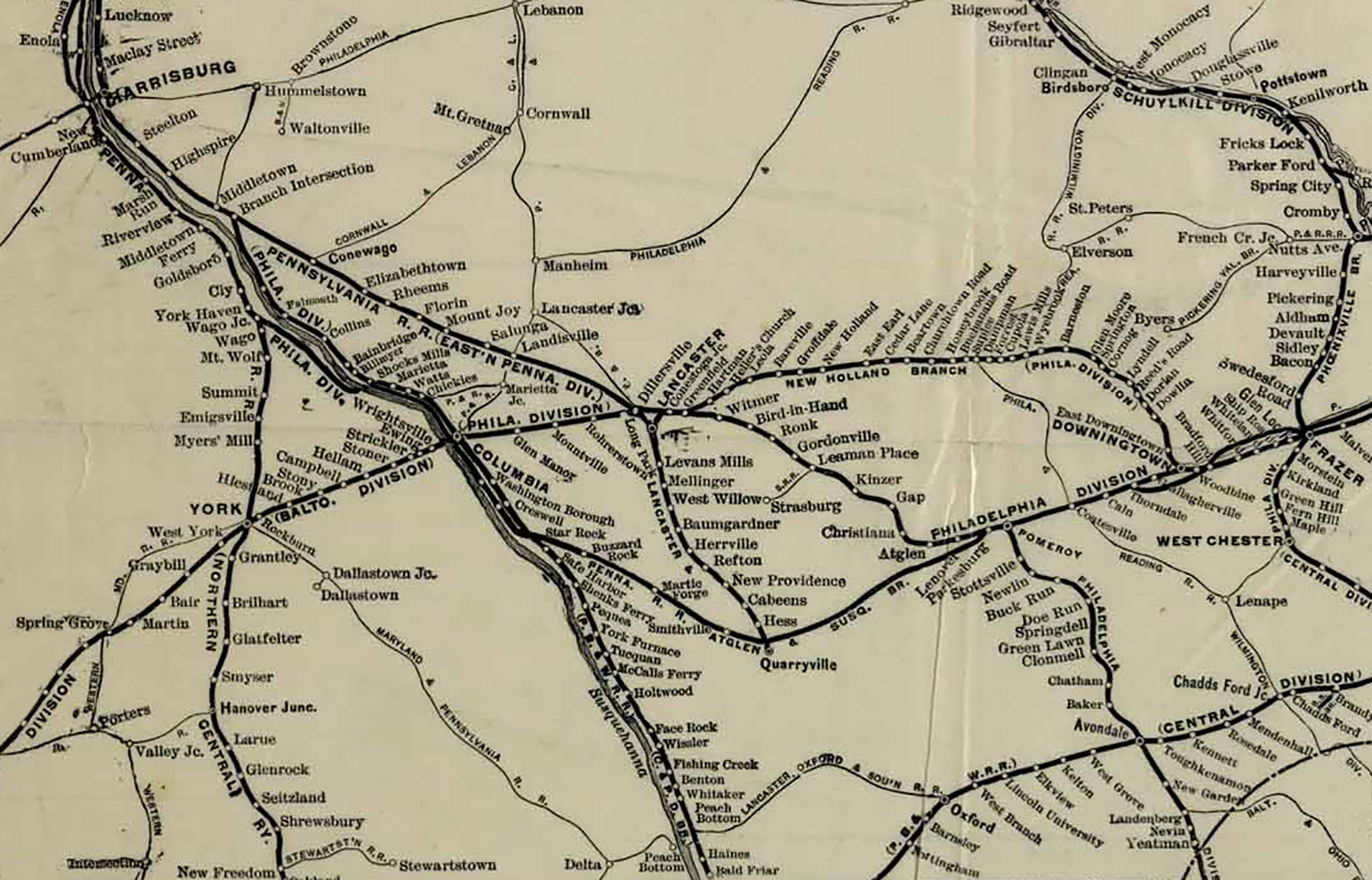 Detail of a 1911 PRR system map showing the New Holland Branch, symbolic of the corporate restructuring that rolled the D&L franchise into the PRR portfolio of lines and assets. Map Collection of the author