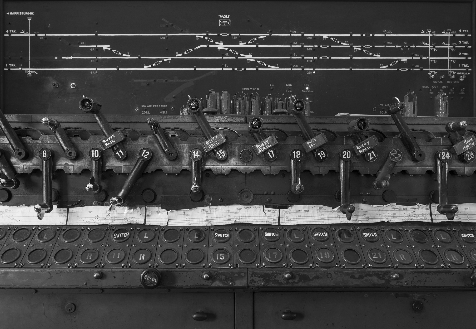 Detail of the Union Switch & Signal interlocking machine at Paoli tower. Though still in service the interlocking plant here and the facility's importance has been greatly reduced with the elimination of the shops. The model board reflects the abandoned #2 and #3 main tracks west of the interlocking. 