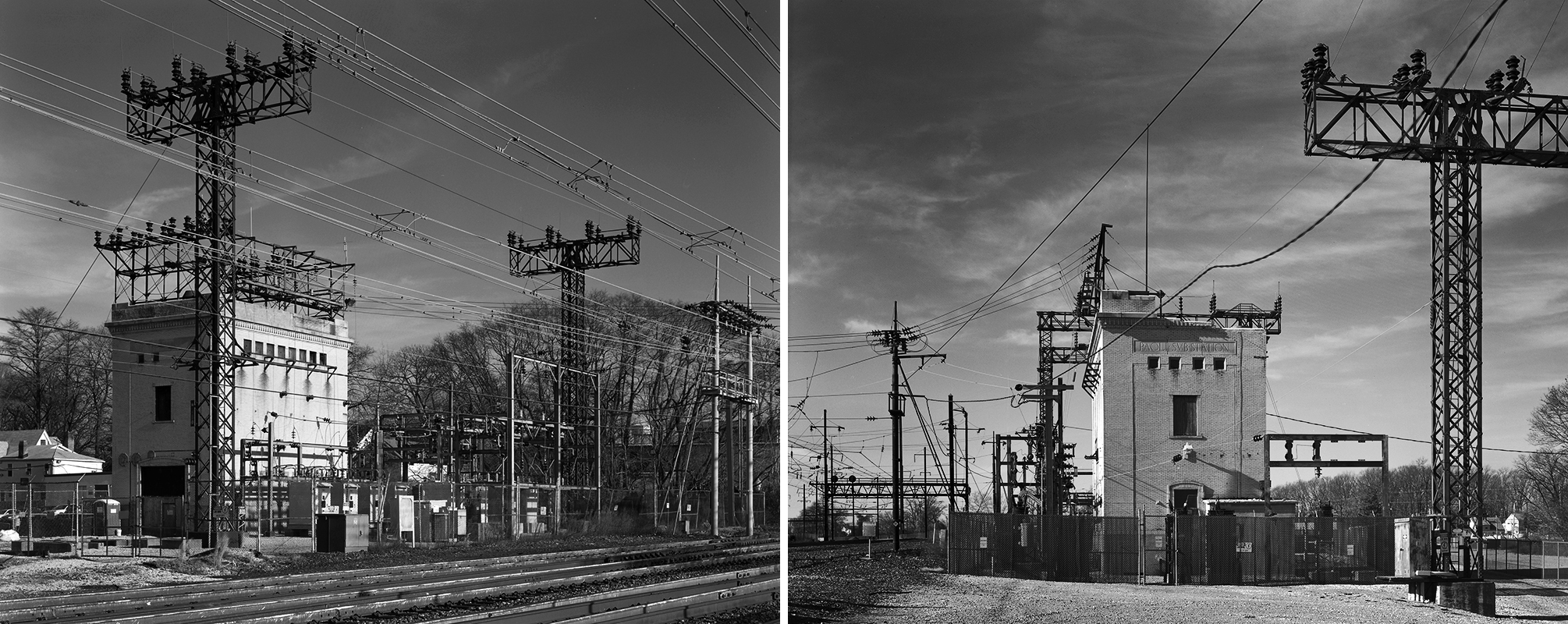 Two of the original sub-station buildings still survive along the main line at Bryn Mawr (L) and Paoli (R). Note to the right of the Paoli sub-station the vacant land which was the location of the Paoli shops.