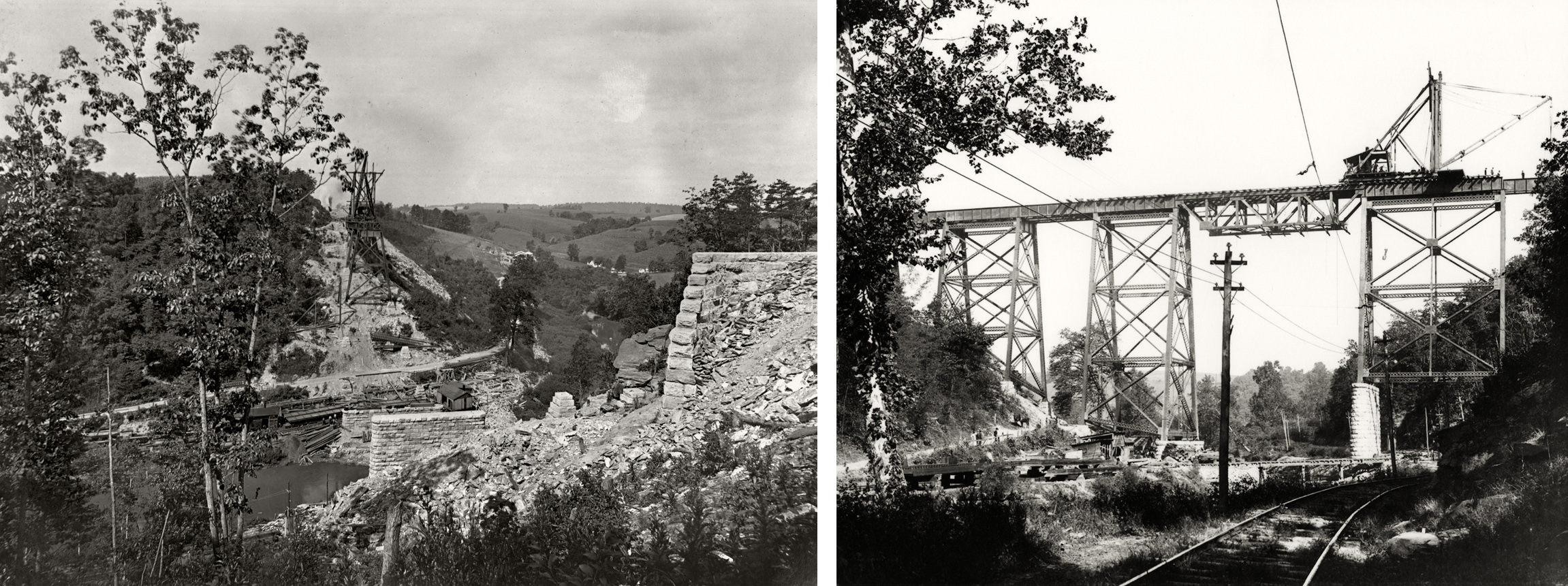 Construction of the Martic Forge Bridge was completed in 1905. These remarkable photographs illustrate the challenge the PRR had constructing this bridge in the remote Pequea Valley. (L) Image collection of The Kline Collection, Railroad Museum of Pennsylvania, PHMC (R) Columbia Historic Preservation Society, Columbia, PA