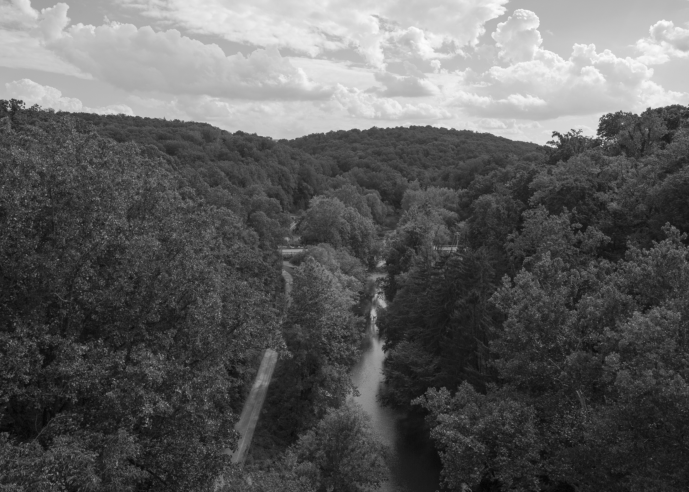 View looking south from the Martic Forge Trestle reveals the rugged terrain the PRR had to contend with when creating the Low Grade, cutting through hills and spanning valleys to maintain an acceptable ruling grade for moving high volumes of heavy freight. 