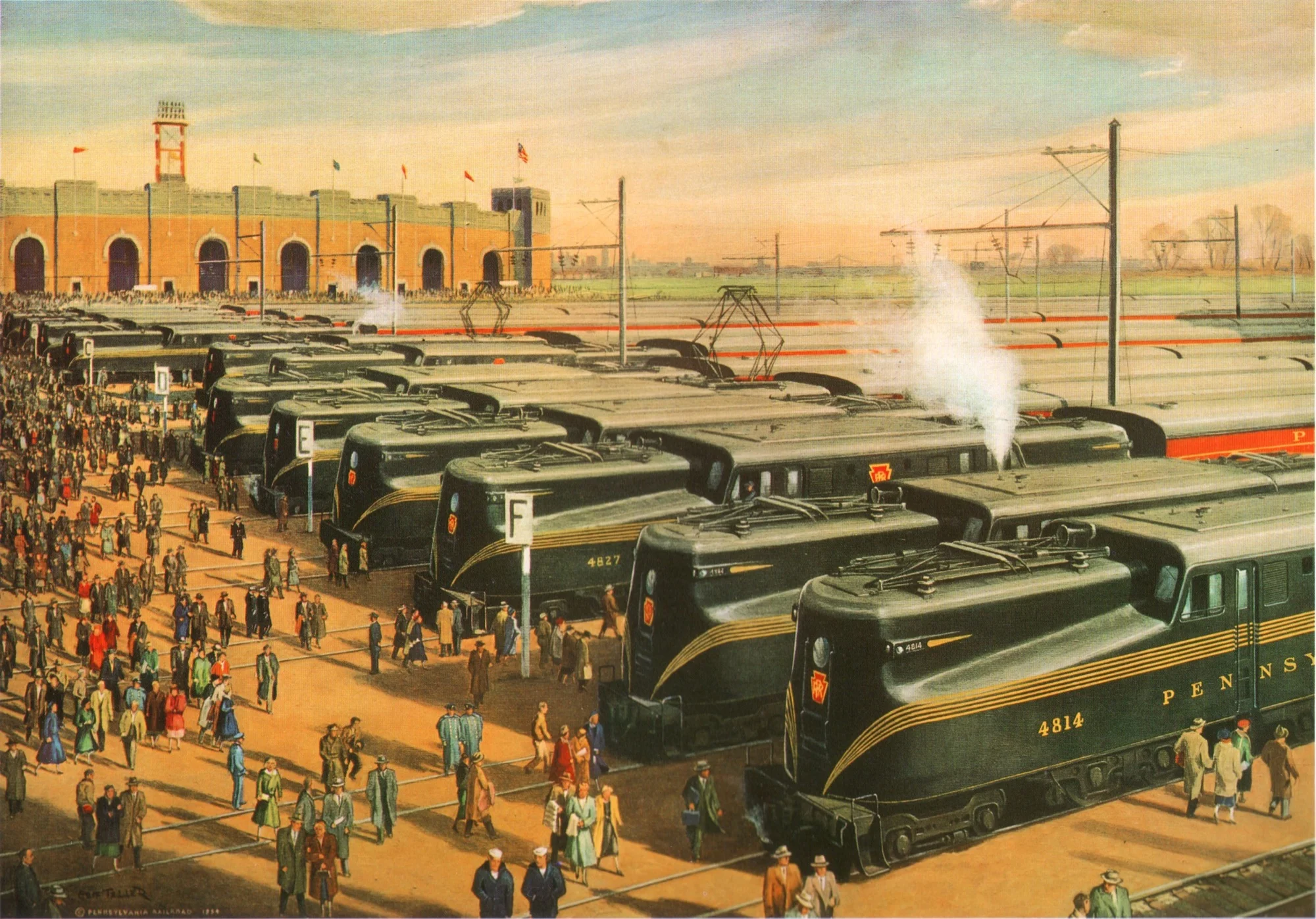 Grif Teller's "Mass Transportation" circa 1955 depicts the Army Navy game trains cued up in preparation for the flood of spectators returning from the annual Army Navy Classic. The image illustrates the massive commitment the PRR made to provide game day service ranging from the allocation of equipment to the conversion of a major freight terminal into a temporary passenger station all for a one a day event! 