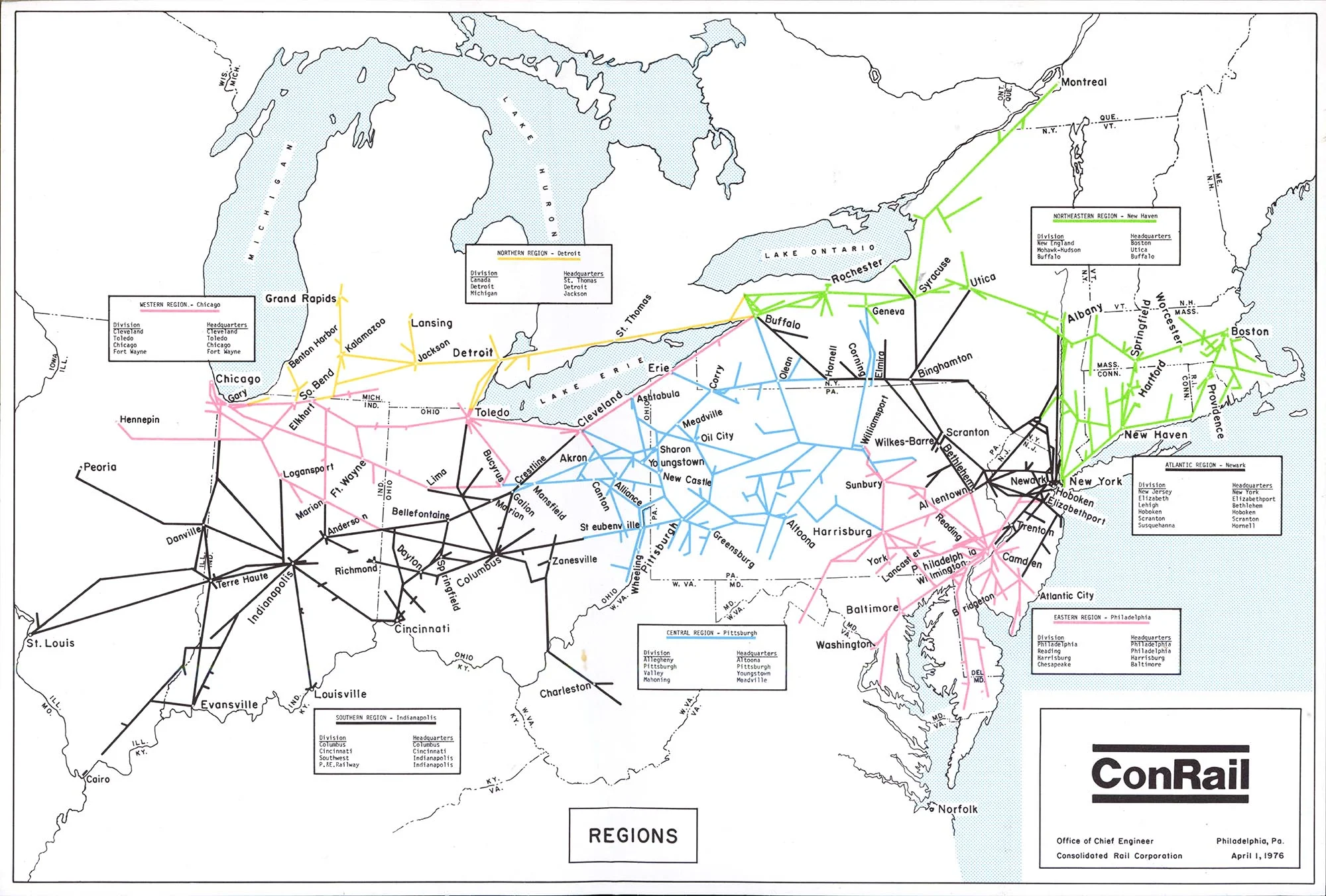 The original Conrail system map circa April 1st, 1976. Note the absence of the iconic Conrail logo. Collection of the Multimodalways Project