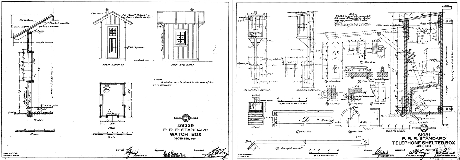 The Pennsylvania Railroad maintained standard plans for watch boxes and telephone shelters among countless other items on the property. These structures were common along the Atglen & Susquehanna Branch; At one point there were 11 watch box locations in addition to line side telephones were spaced approximately 1.25 miles to provide direct contact with block operators and dispatchers in the event that a track inspector needed to report a problem with the line. Collection of Pat McKinney, courtesy of Rob Schoenberg's PRR page