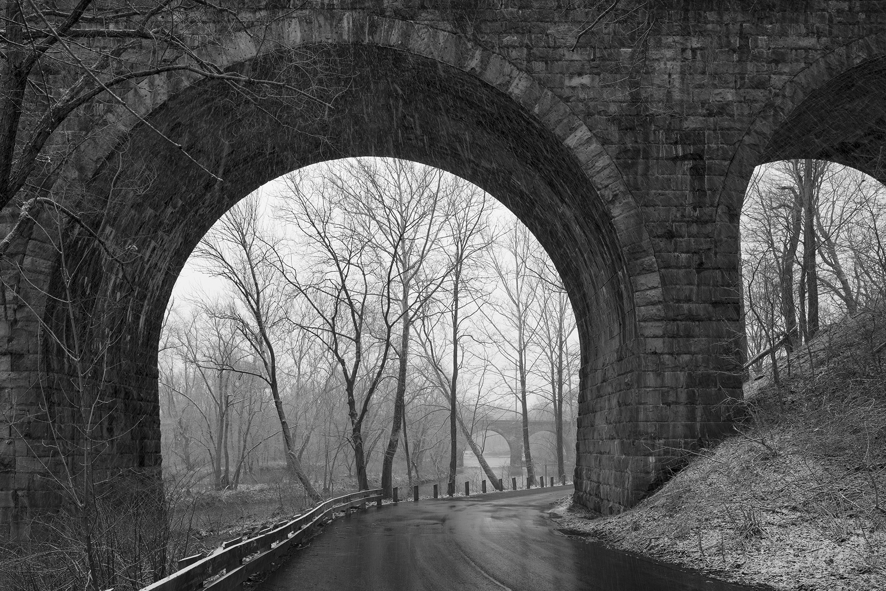 Stone bridges crossing the Neshaminy Creek, Pennsylvania Railroad Trenton Cut-Off, part of the Low Grade Freight Line between Morrisville and Enola, Pennsylvania. Join me March 14th to learn how historical imagery inspires new works in my ongoing project documenting the former Pennsylvania Railroad and the landscape it travels. 