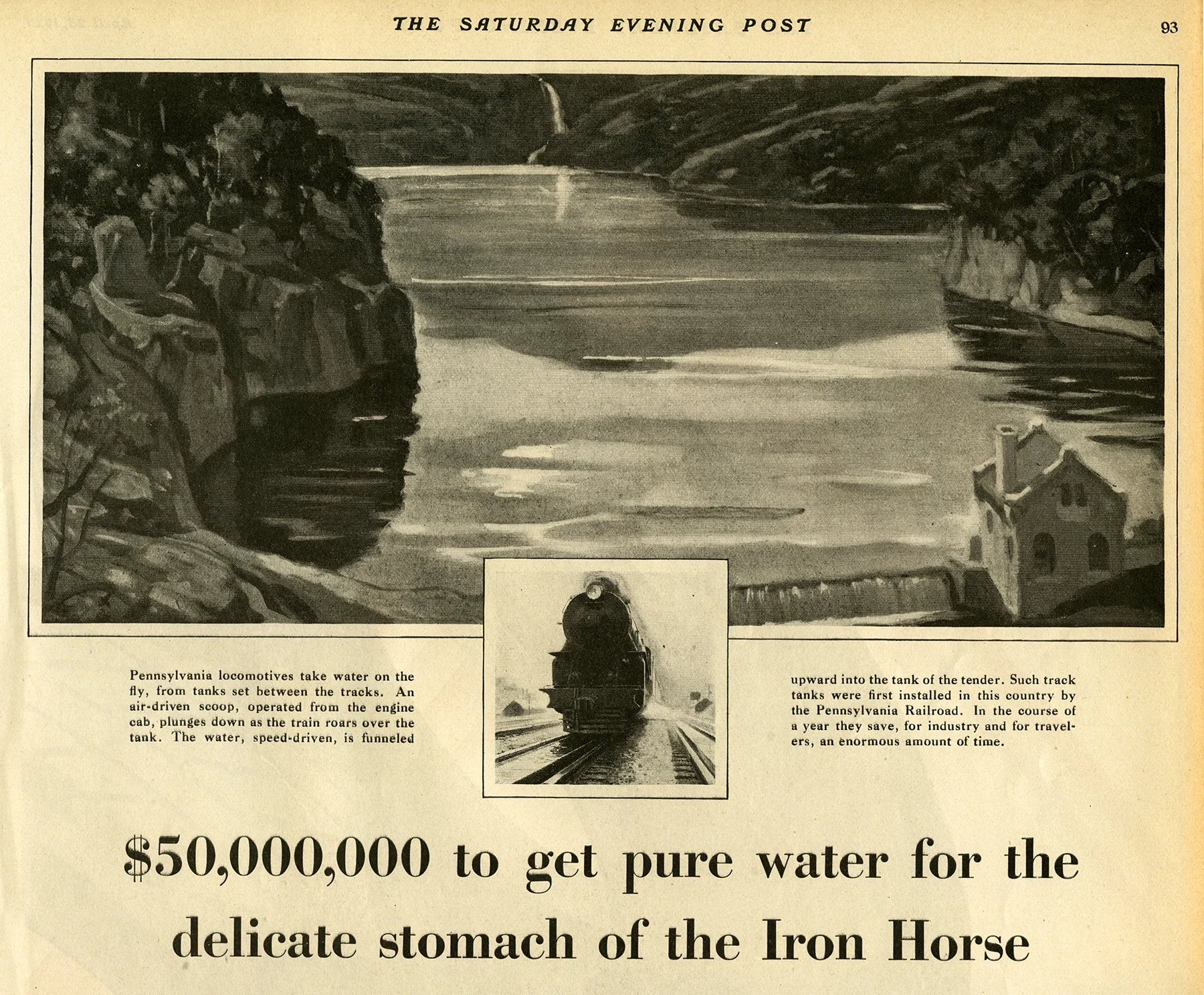 1928 advertisement in the Saturday Evening post boasting of the PRR’s $50 million investment in water infrastructure for the good of the Iron Horse.