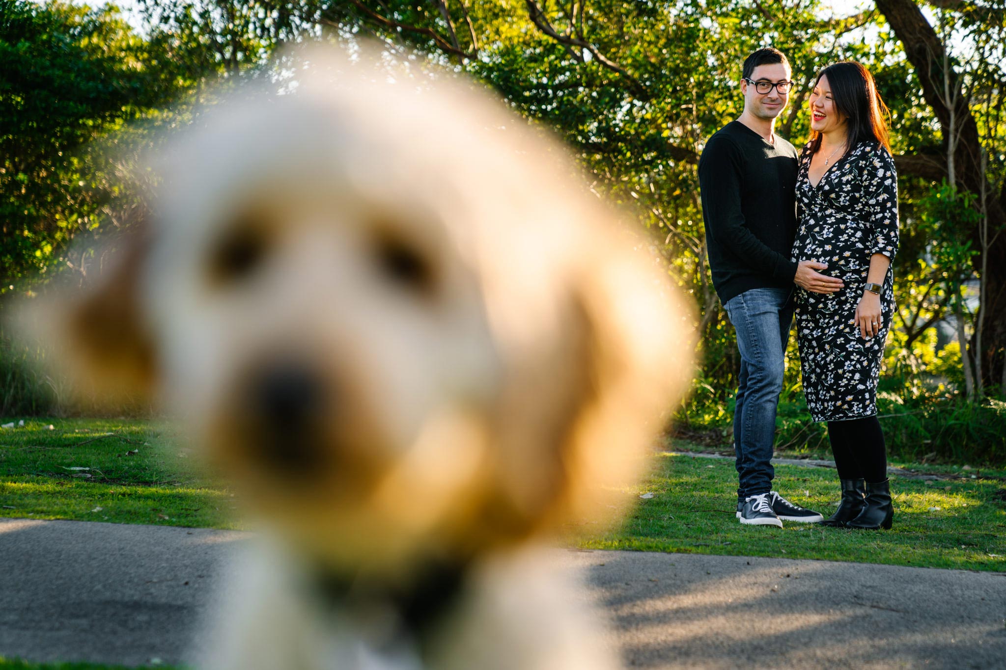 Couple with their dog at Northern Beaches maternity session