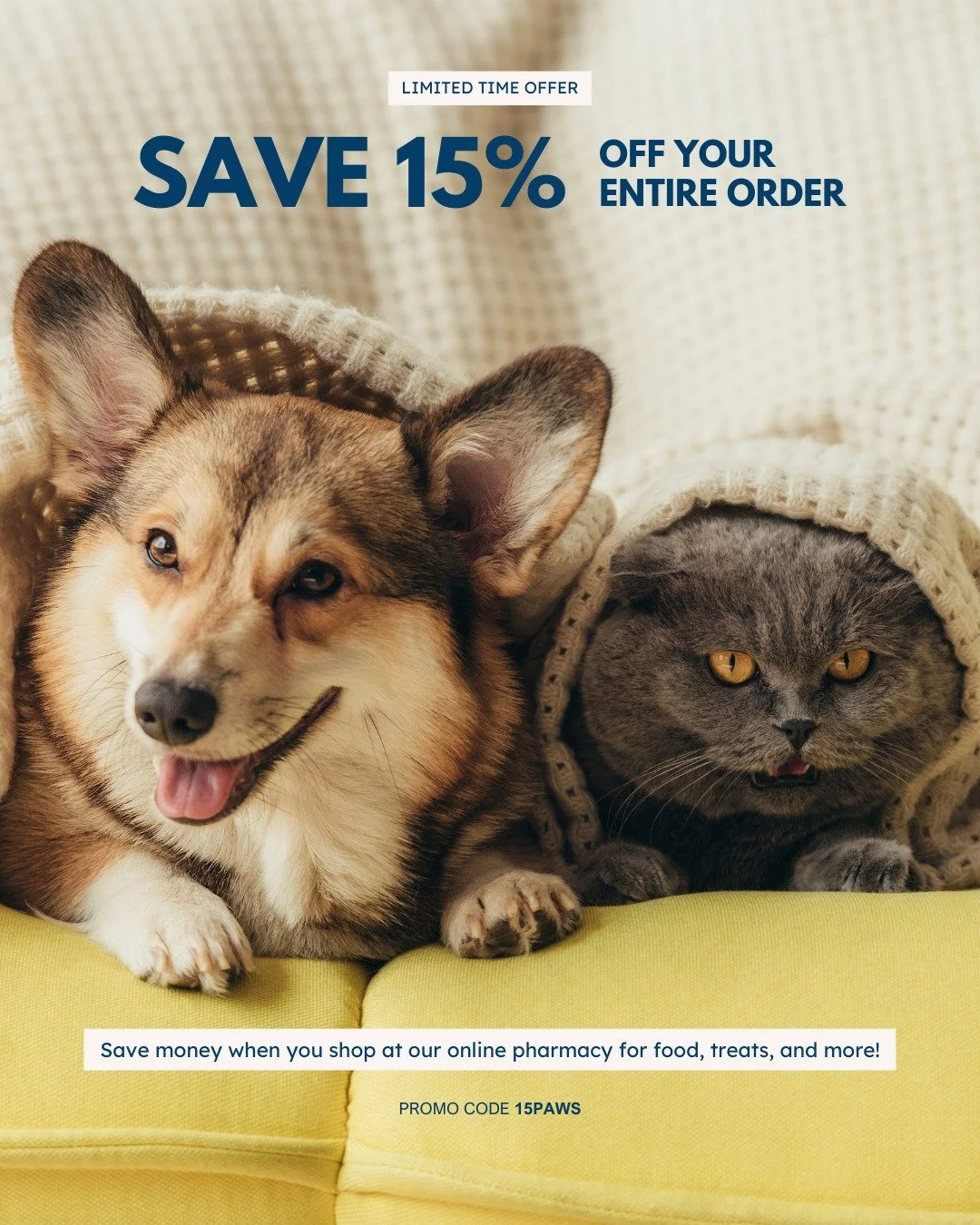 Stock up on food, treats, preventatives, and more.all from the comfort of home! 🛒

💻 Save 15% on your entire order when you shop through our online pharmacy.

Just use the promo code below:
💙 Use code: 15PAWS
It&rsquo;s the purr-fect time to save 