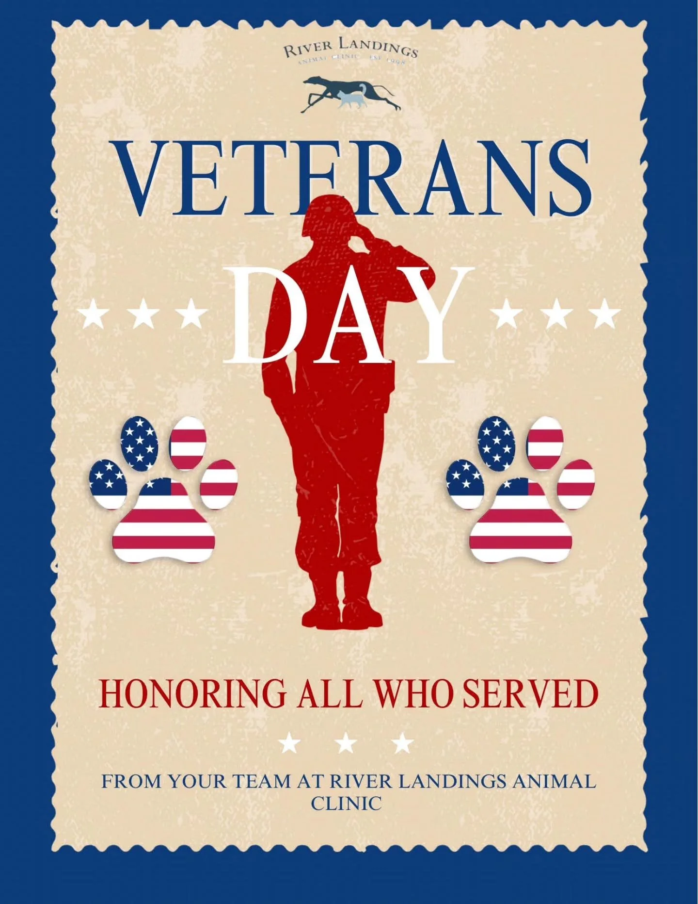 Today, and every day, River Landings Animal Clinic honors our veterans. Thank you for protecting our freedom. We recognize and appreciate your immense sacrifice. 🇺🇸
