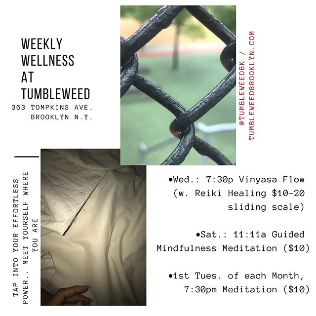 Join us 7:30pm tonight #bedstuybrooklyn , &amp; every Wednesday for #Vinyasa #yoga with @honey.n.sol , featuring #reiki healing ✨ + every Saturday morning 11:11am for #GuidedMeditation with @evamilan.z 
________________________________
*we&rsquo;re l