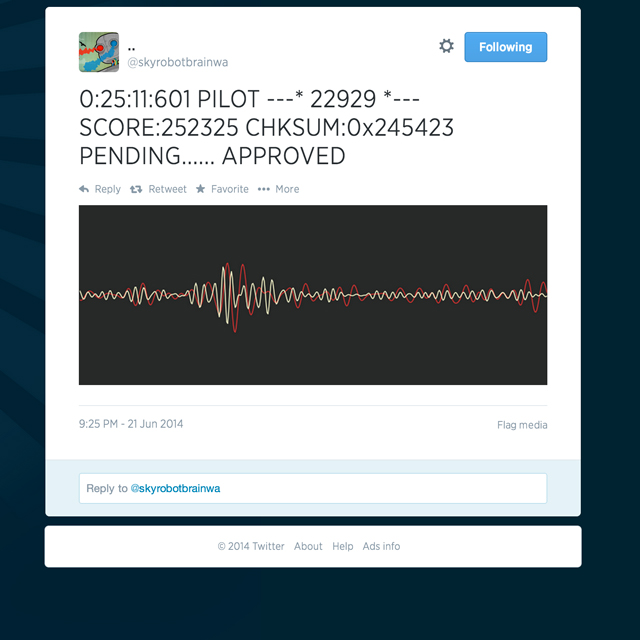 As a bonus, the installation tweets a sample of the user's brainwaves! We tweeted 10,000 brainwaves in the first month of operation at the Barbican Centre in London. This was done with the support of Mel Van Londen