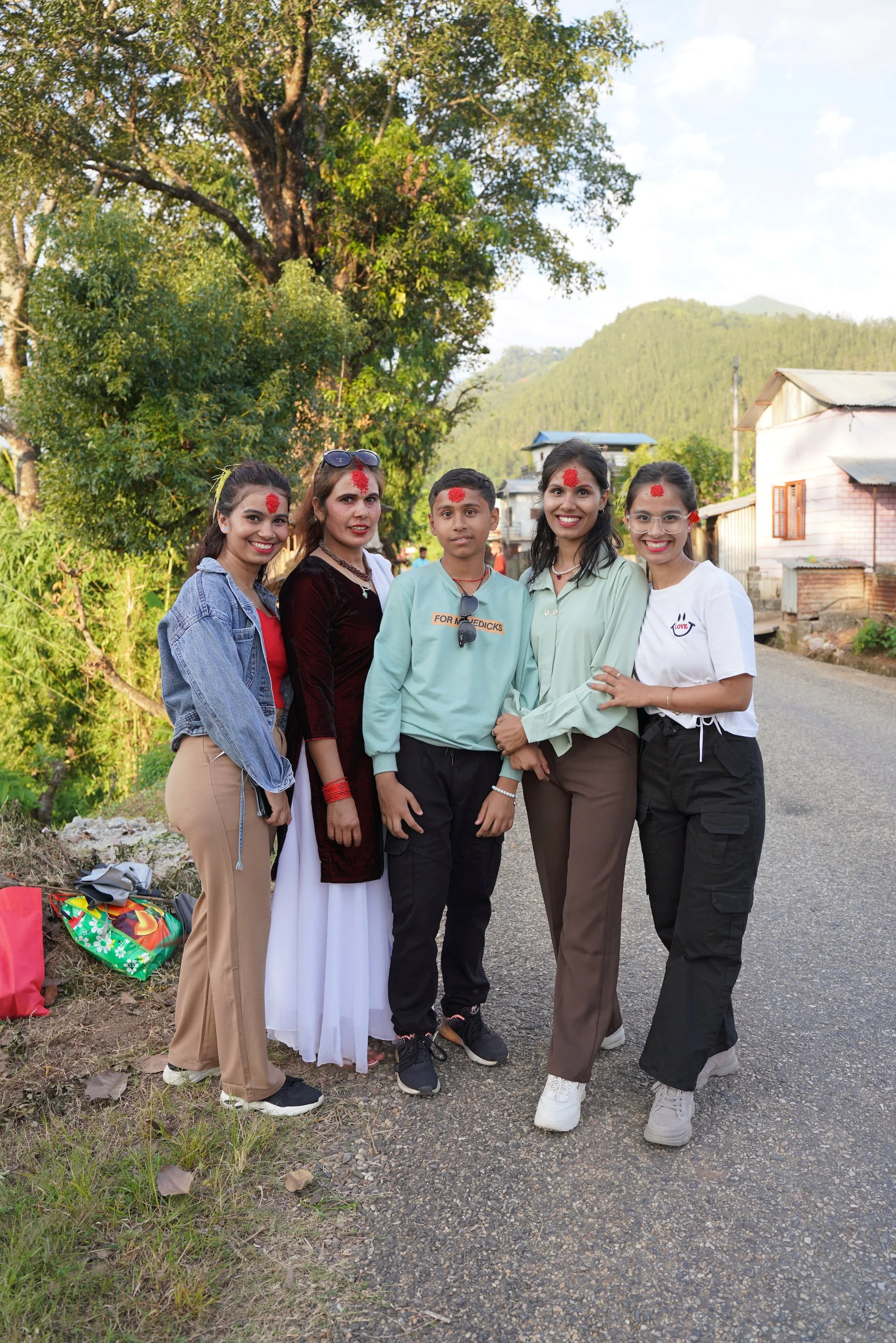 2023-10-24 16.23.46 - sweet siblings Rabina in red top, sister-in-law Parbati, brother Bipin, Rachana in green and Sarita with glasses on Vijaya Dashami (Dashain) in Gerkhutar, Nuwakot, Nepal - DSC00500.JPG