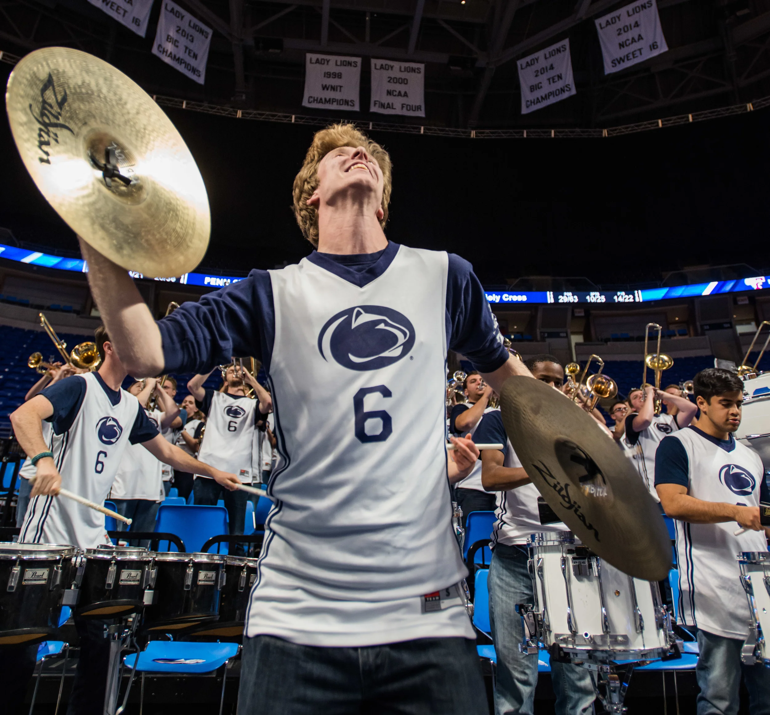 Eric Enger (sophomore - secondary education) performs with the Penn State Blue Band during the women's basketball game against Holy Cross at the Bryce Jordan Center on Friday, Nov. 13, 2015.