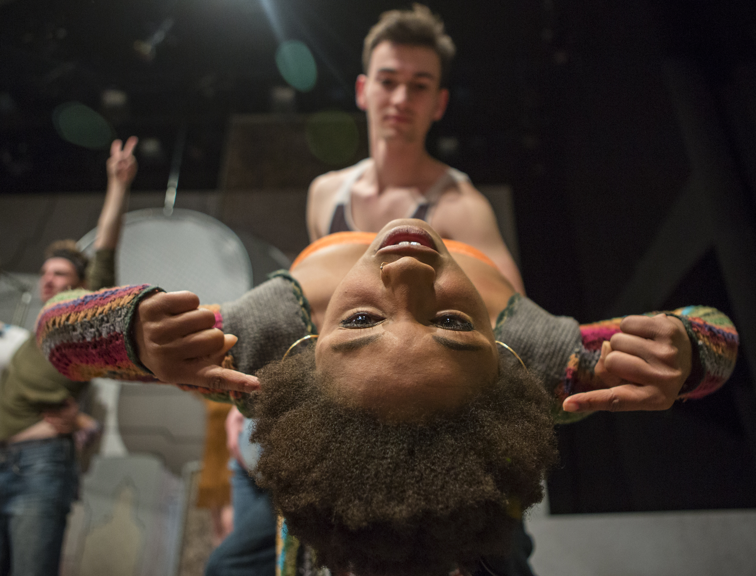 Brinie Wallace (senior - musical theatre), front, is dipped by Benjamin Nissen (sophomore - musical theatre) as part of the media day for Hair presented by Penn State Center Stage at the Penn State Downtown Theatre Center on Wednesday, March 16, 2016.