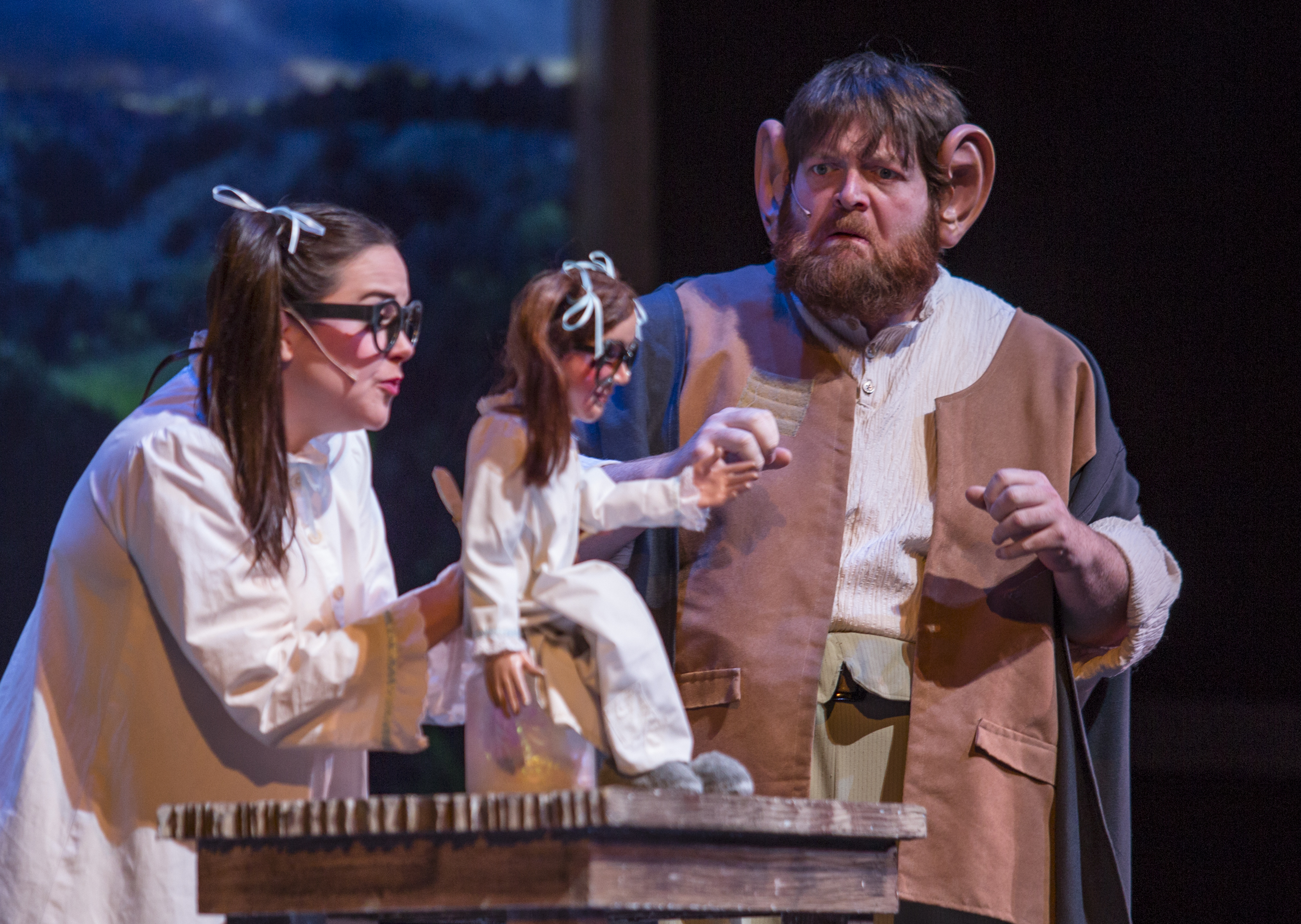Faye Austin, left, operates a puppet of her character Sophie and Nathaniel P. Reid plays the BFG in the Big Friendly Giant presented by Dallas Children's Theatre at Eisenhower Auditorium on Friday, April 8, 2016.