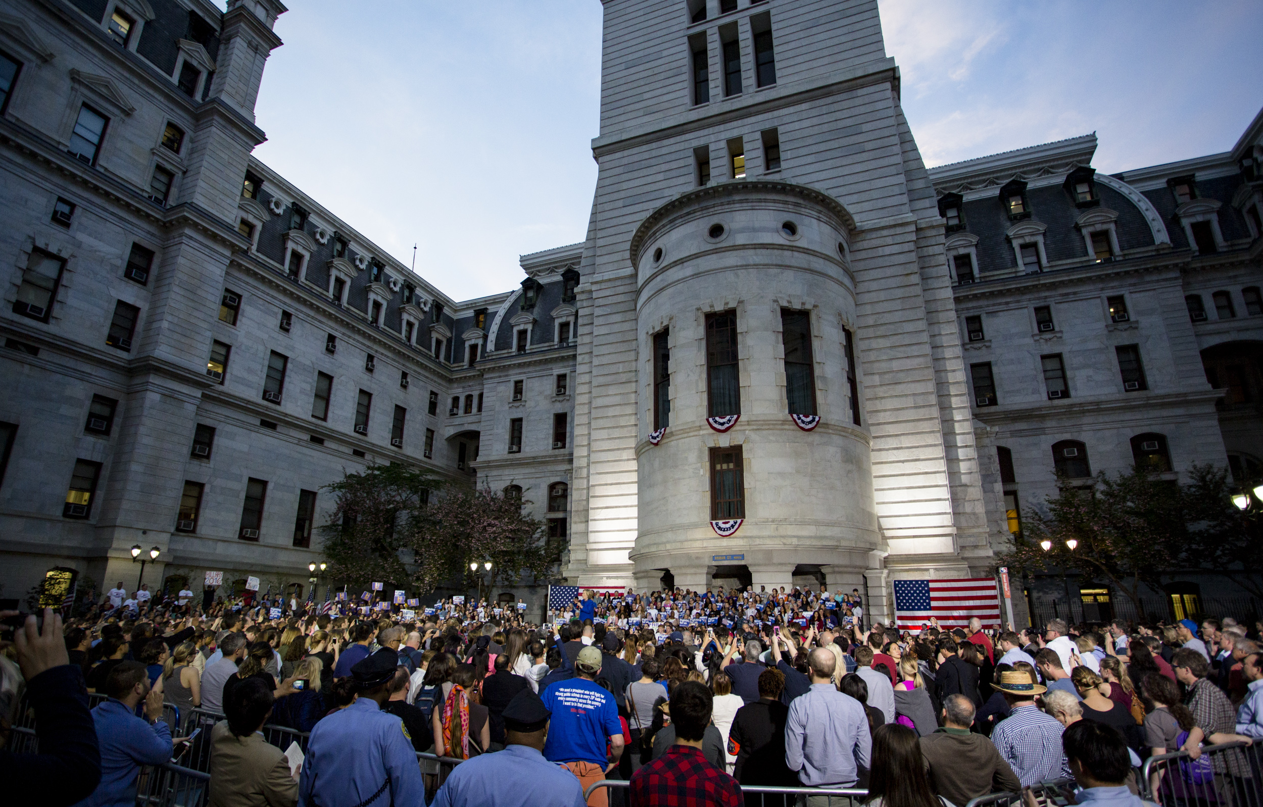 Supporters of Democratic presidential candidate Hillary Clinton gather in the courtyard of City Hall in Philadelphia for her campaign rally on Monday, April 25, 2016.