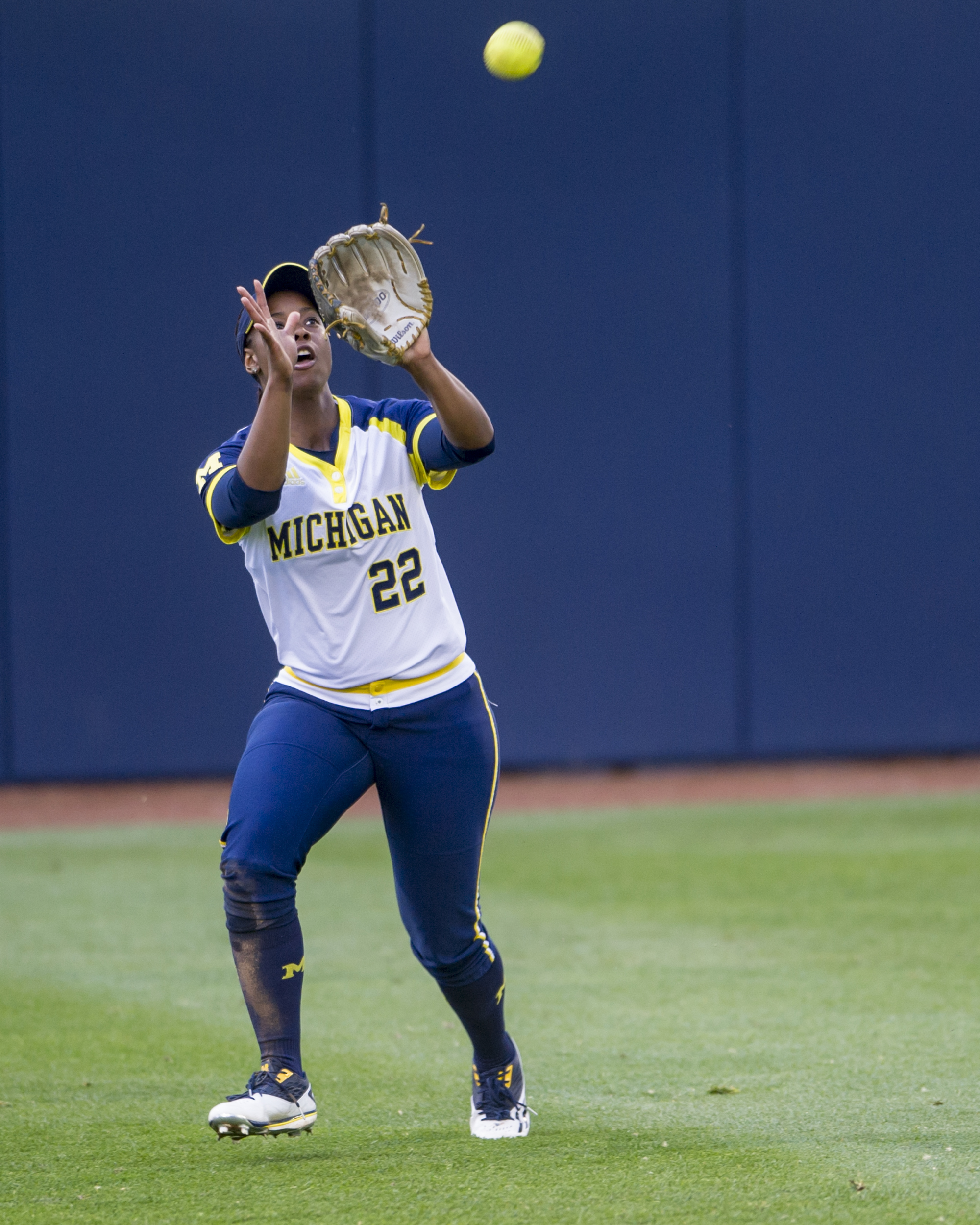 Michigan center fielder Sierra Lawrence lines up to catch a fly ball during the team's semifinal game against Penn State in the Big Ten Tournament at Beard Field on Saturday, May 14, 2016. Michigan won the game 7-1.