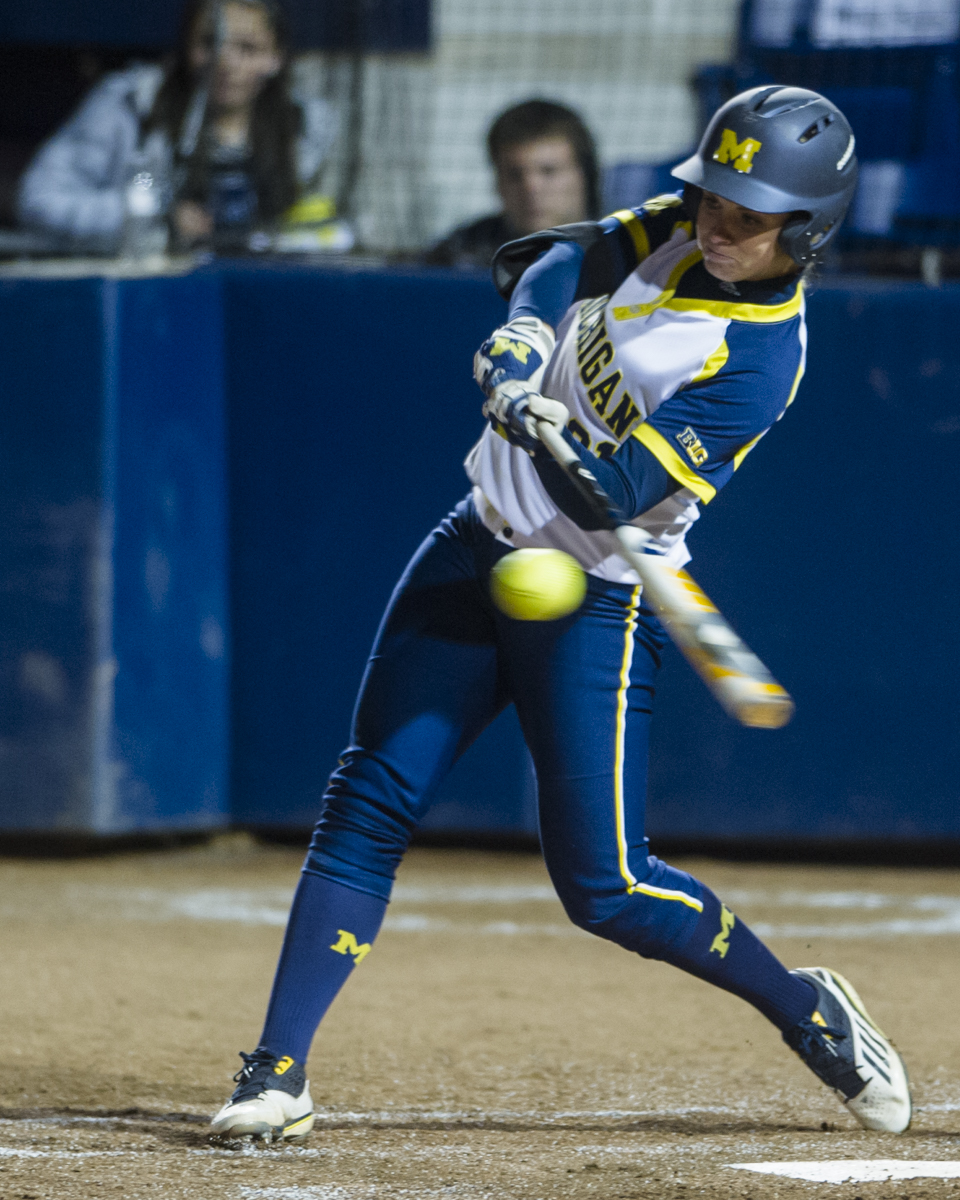 Michigan outfielder Kelly Christner swings for a hit during the final game of the Big Ten Tournament against Minnesota at Beard Field on Saturday, May 14, 2016.