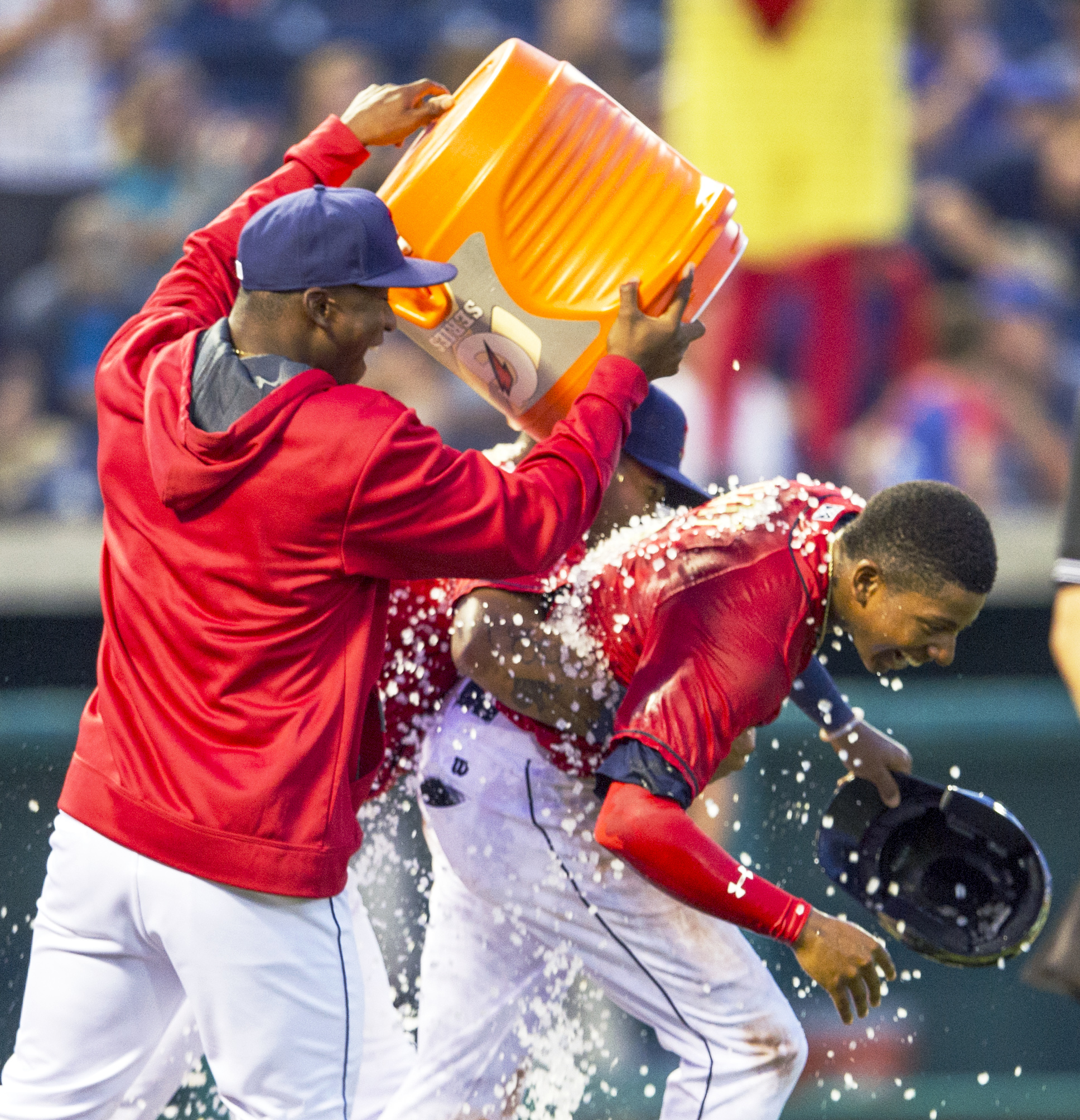 State College Spikes center fielder Anthony Ray is doused in ice water by teammates after scoring the the game winning run in the game against the Hudson Valley Renegades at Medlar Field on Sunday, June 19, 2016.