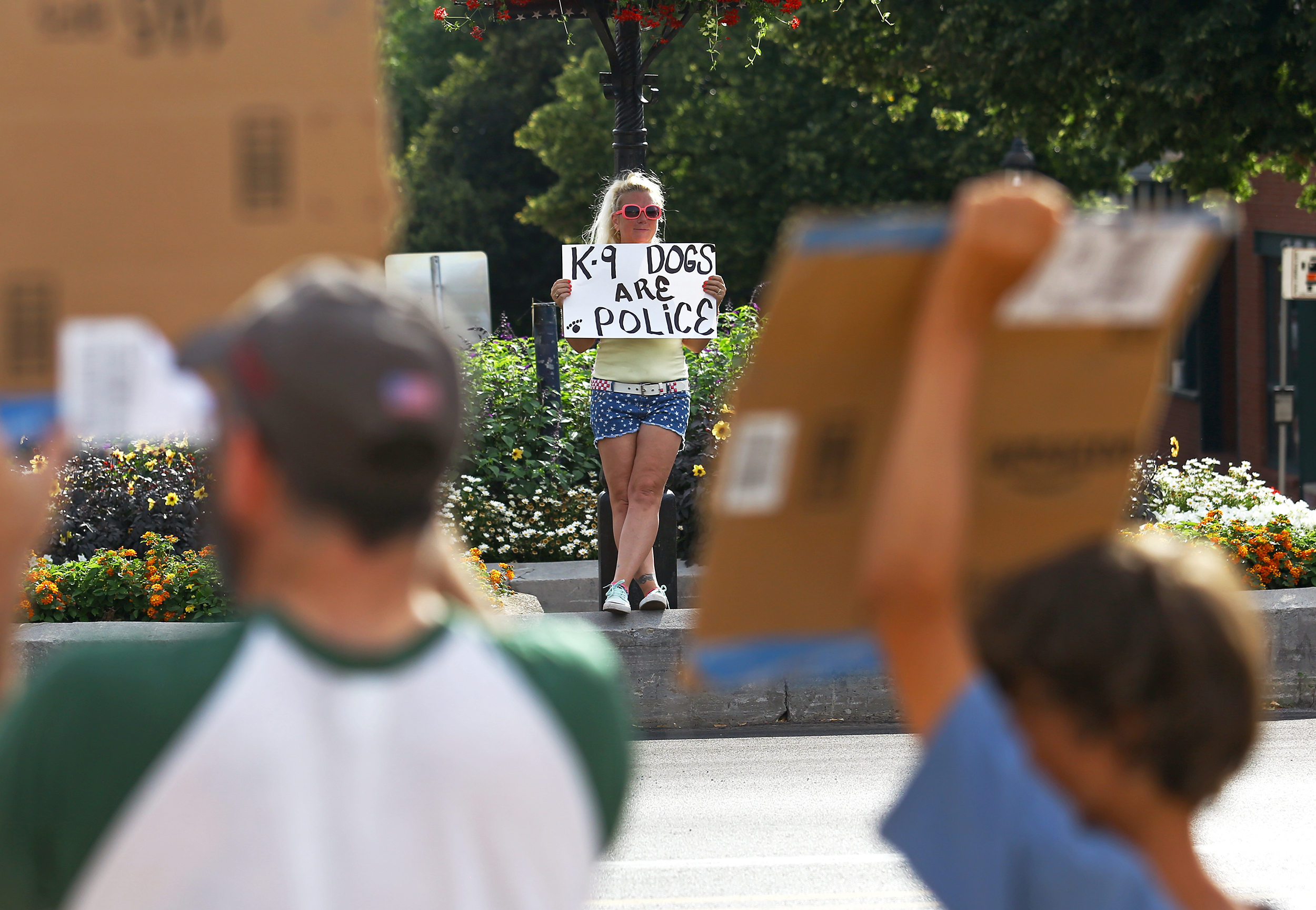 Lisa Shirk of Bellefonte holds a sign on Allegheny Street on Monday, July 18, 2016, calling for justice for Totti the Department of Corrections drug detection dog that died from heat exposure after being locked in a squad car for over two hours.