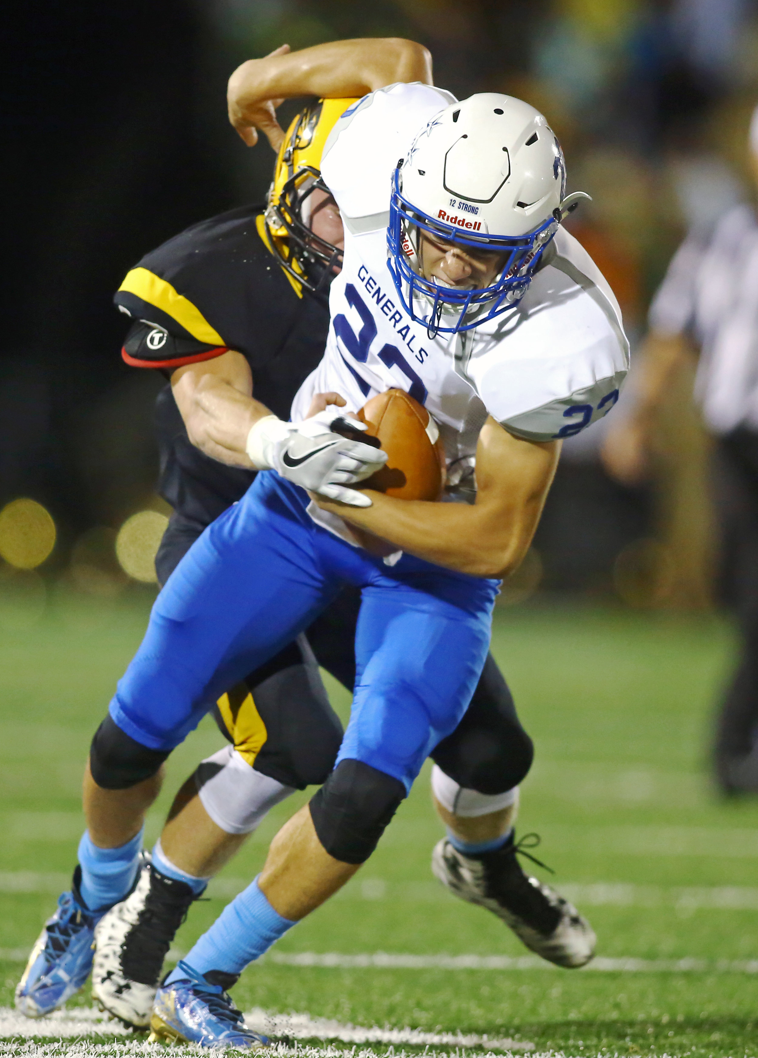 Anthony Wayne sophomore running back Julian Allen is tackled by Northview high School Ian Donahue causing a fumble during the game at Northview High School in Sylvania on Friday, Sept. 16, 2016. Anthony Wayne High School won the game 35-14.