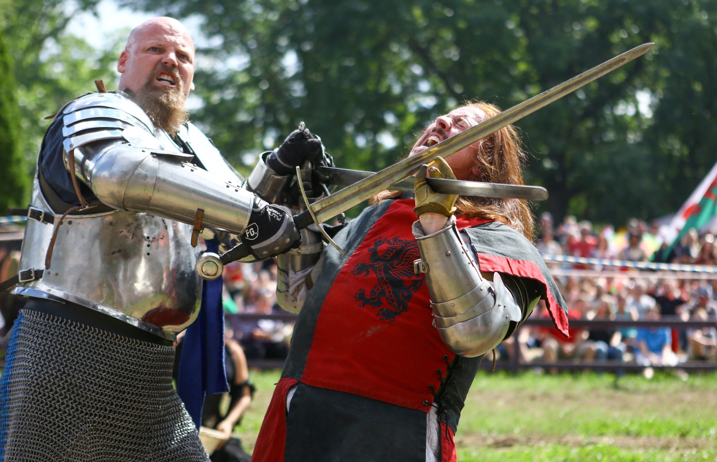 Brian Stephenson of Chelsea, Mi., left, battles with Dale Walter of Howell as part of the jousting demonstration during the Michigan Renaissance Festival in Holly Michigan on Sunday, Sept. 18. 