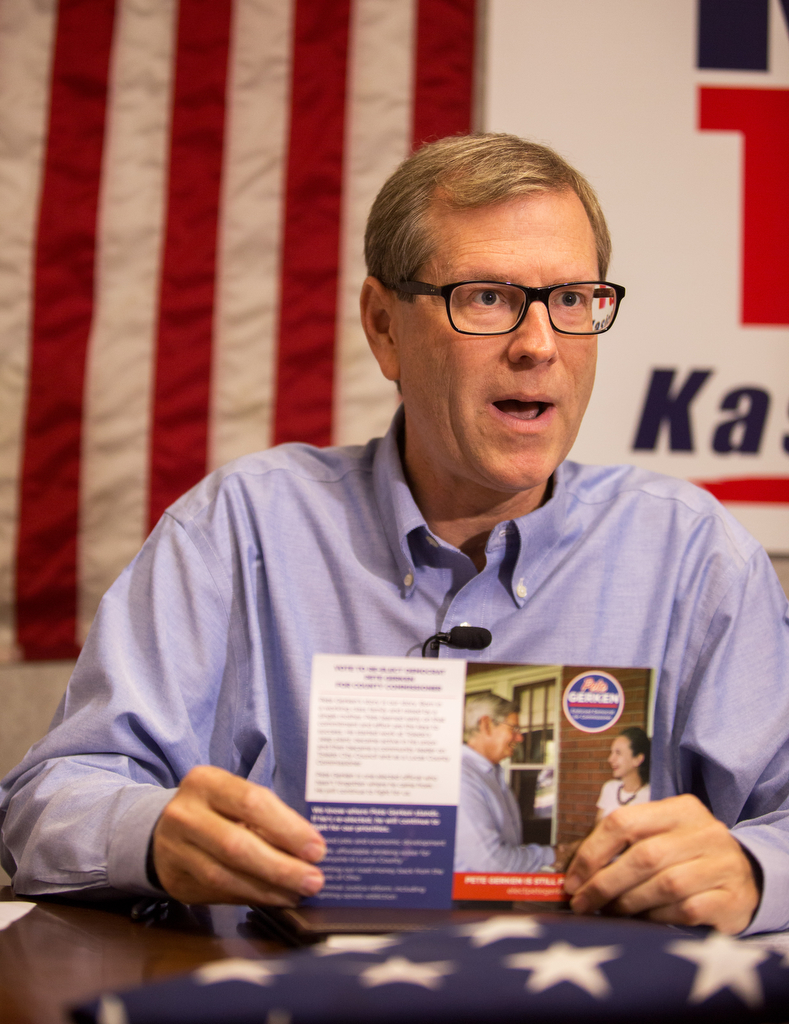  Chairman of the Lucas County Republican Party Jon Stainbrook speaks about the character of democratic county commissioner candidate Pete Gerken at the party headquarters on Huron St. in downtown Toledo on Wednesday, Oct. 12, 2016.