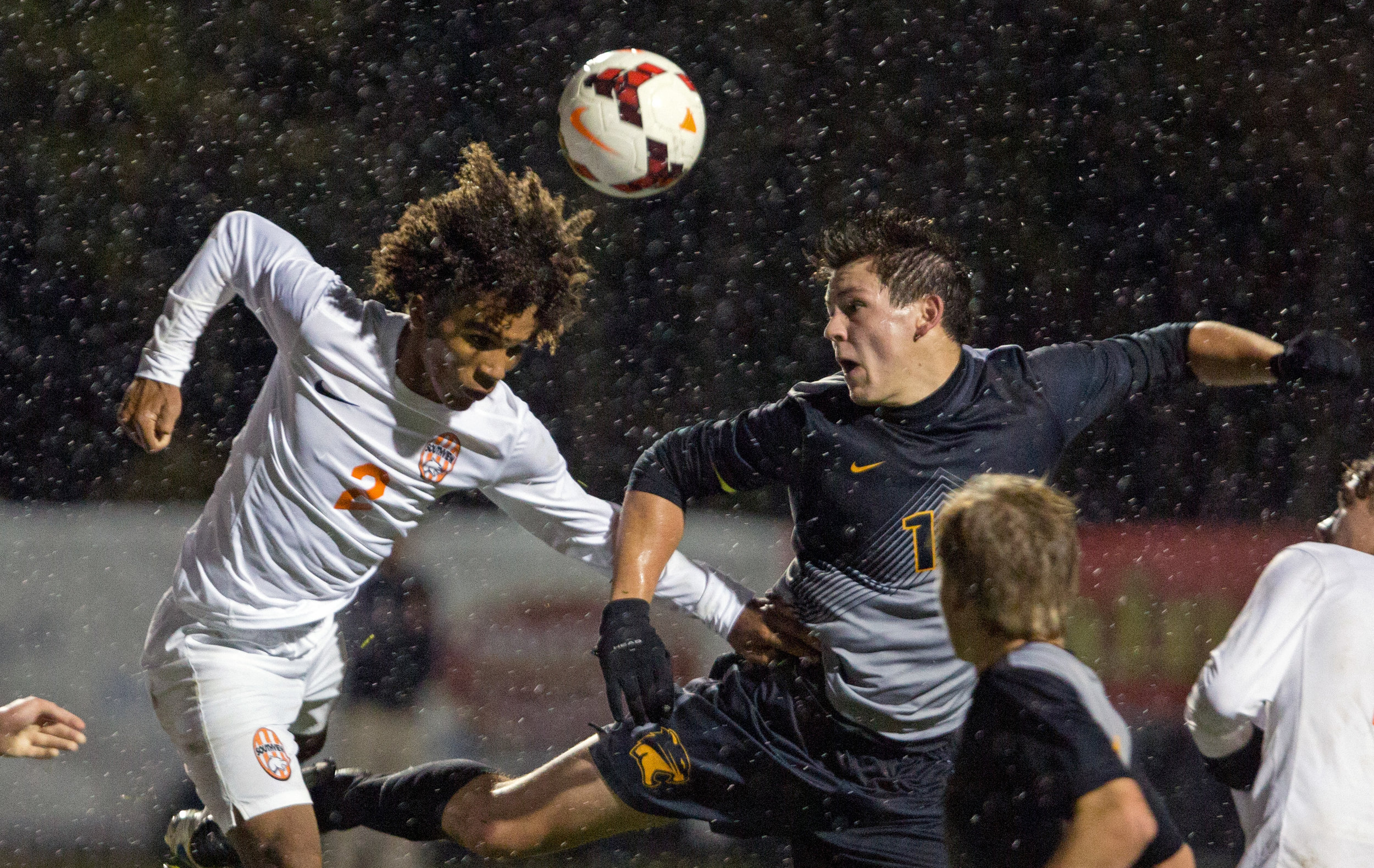 Southview High School defender Alek Christy (2) jumps for a header against Northview high School forward Shane Banachowski (10) during the Div. 1 Boys soccer semifinal game at Southview High School on Wednesday, Oct. 26, 2016.